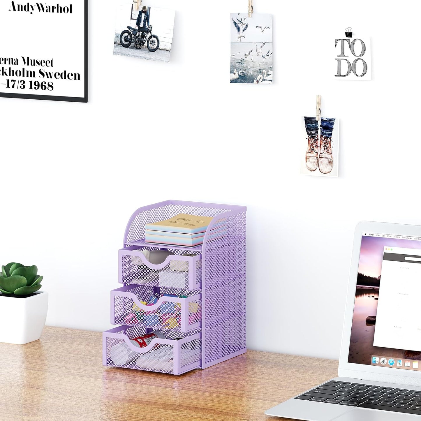 EasyPAG Mesh Desk Organizer with 3 Drawer Office Desktop Organizers and Accessories Stationery Caddy for Office, Home, Students, Purple
