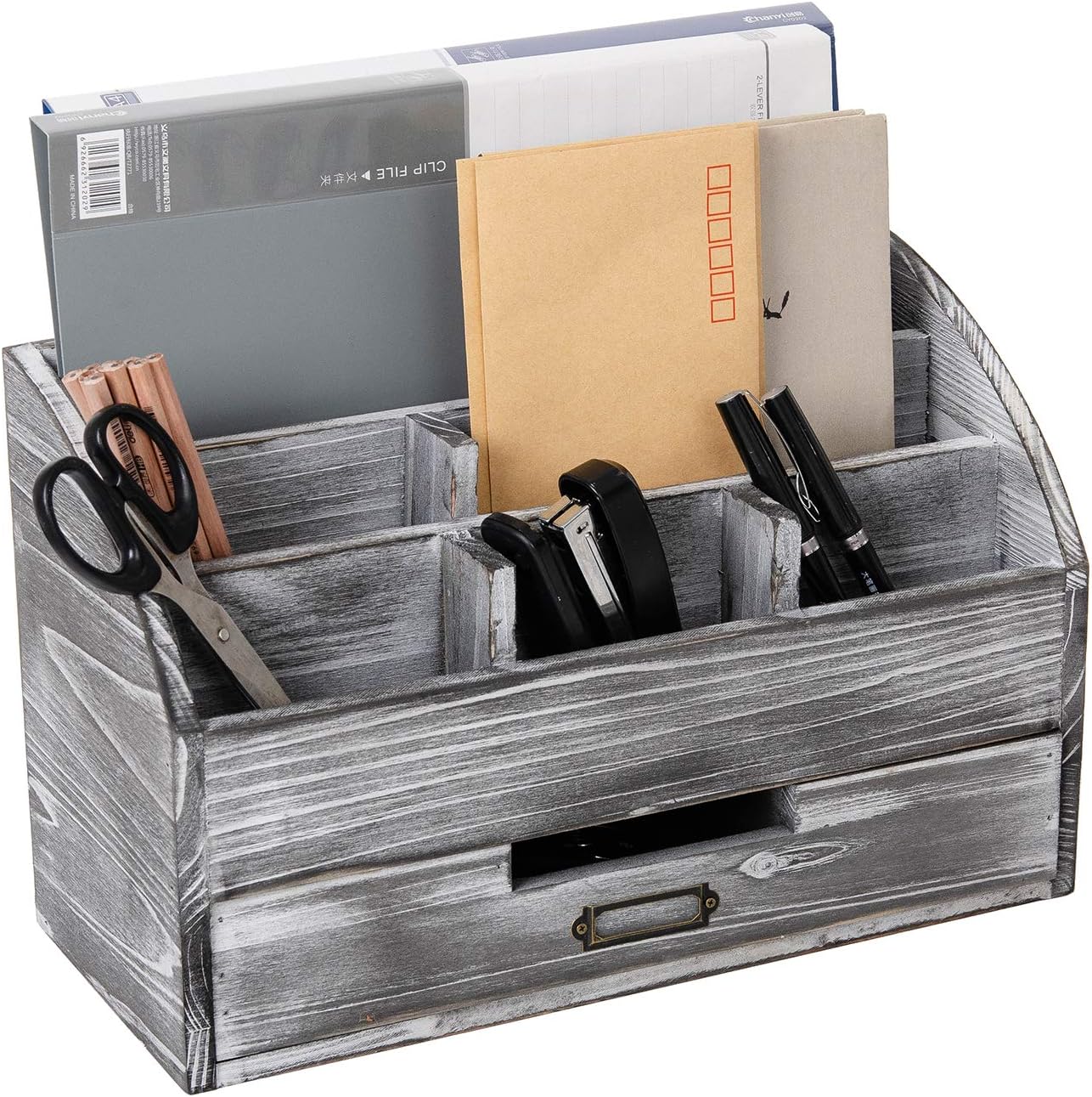 canwedance Distressed Rustic Wooden Office Desk Organizer 5 Compartment with 2 Drawer &Counter Desk Tabletop Desktop Mail Rack, Pens, Notebooks, Folders, Pencils and Office Supplies (grey)