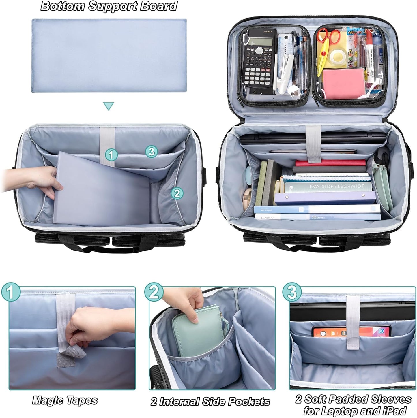 CURMIO Rolling Teacher Tote Bag with Padded Laptop Compartment for up to 15.6 Inches Laptop, Wheeled Teacher Bag for Teaching, Office, Craft, Black