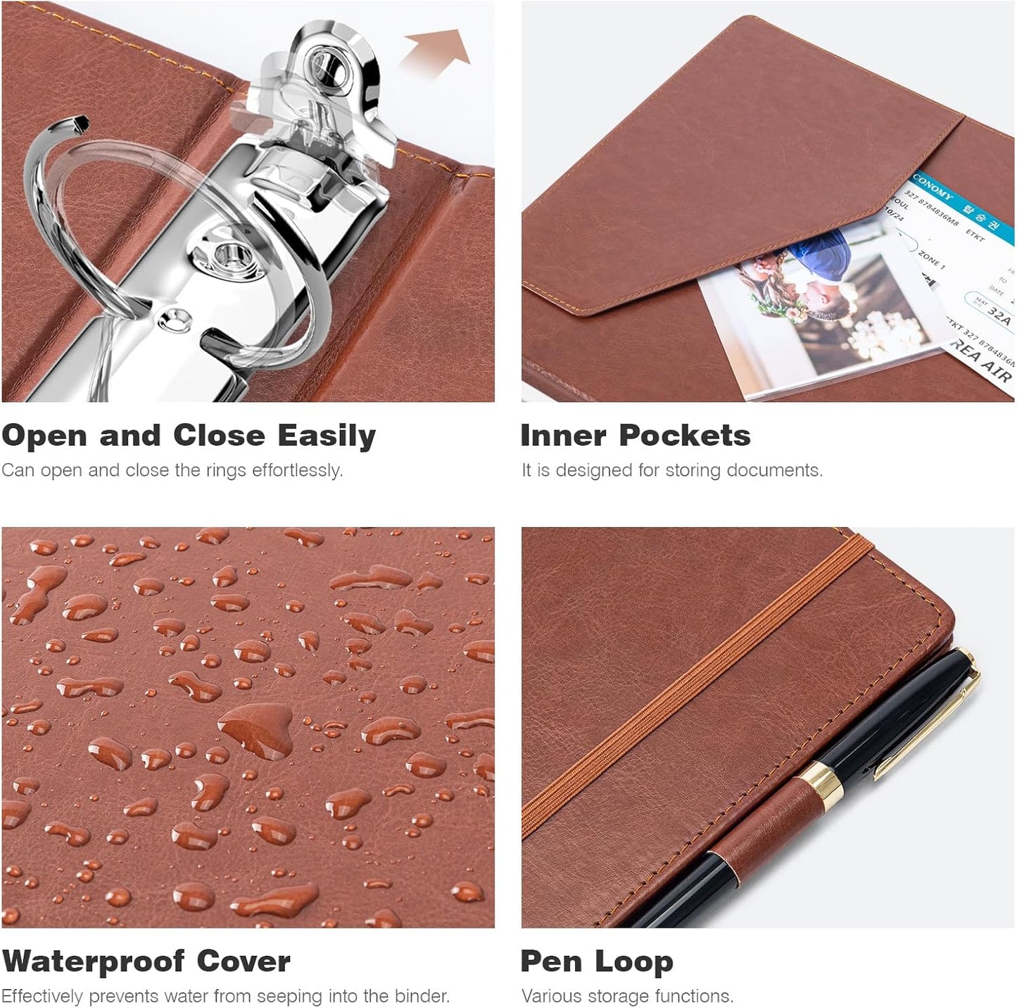 Ospelelf 3 Ring Binder with Clipboard, 1 Inch Leather, Brown, Letter Size (8.5" x 11"), 5 Tab Dividers