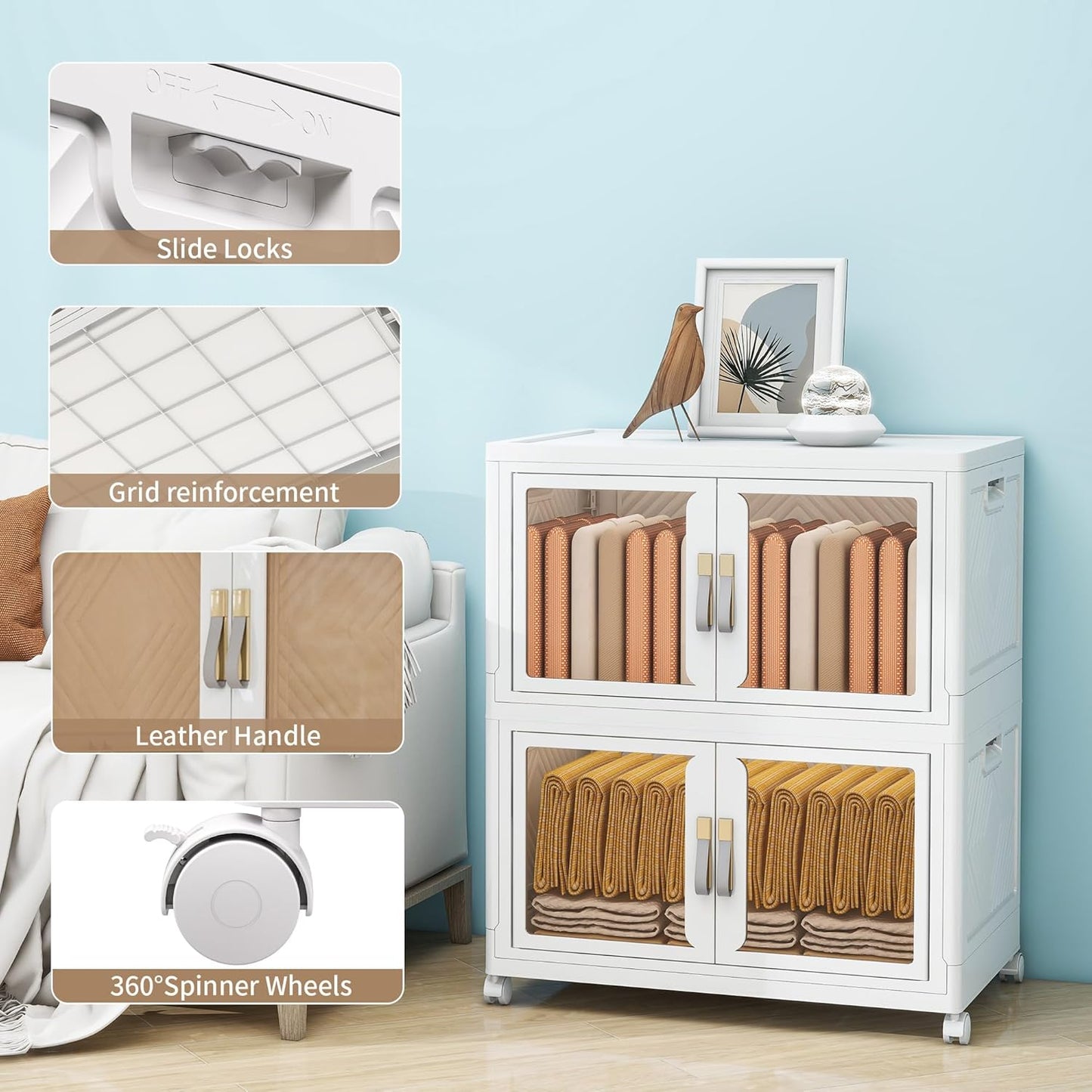 Large Stackable Storage Bins with Lids, 220QT-110QT*2Tier Foldable Cabinet for Closet Organizers, Plastic Storage Containers Box with Wheels