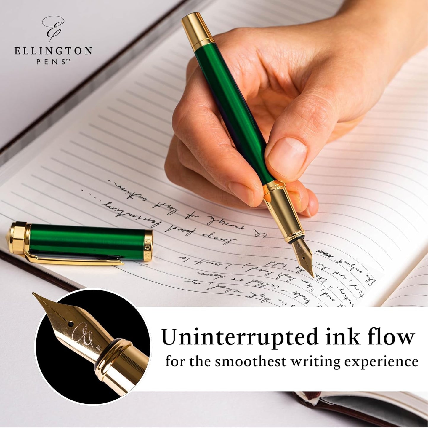 Ellington Pens Luxury Fountain Pen Set - Smooth Medium Nib - Includes 3 Ink Cartridges, Refillable Ink Converter, Box - Fountain Pens For Writing, Calligraphy, Journaling, Sketching (Emerald Enigma)