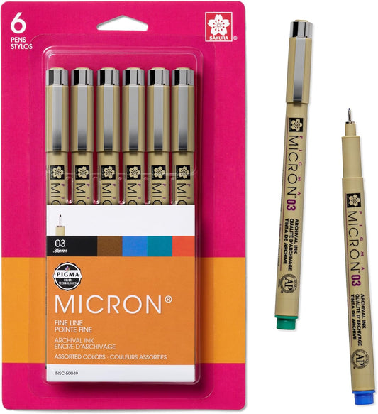 SAKURA Pigma Micron Fineliner Pens, 03 Tip Size, Archival Ass't Colors, 6 PK 50049