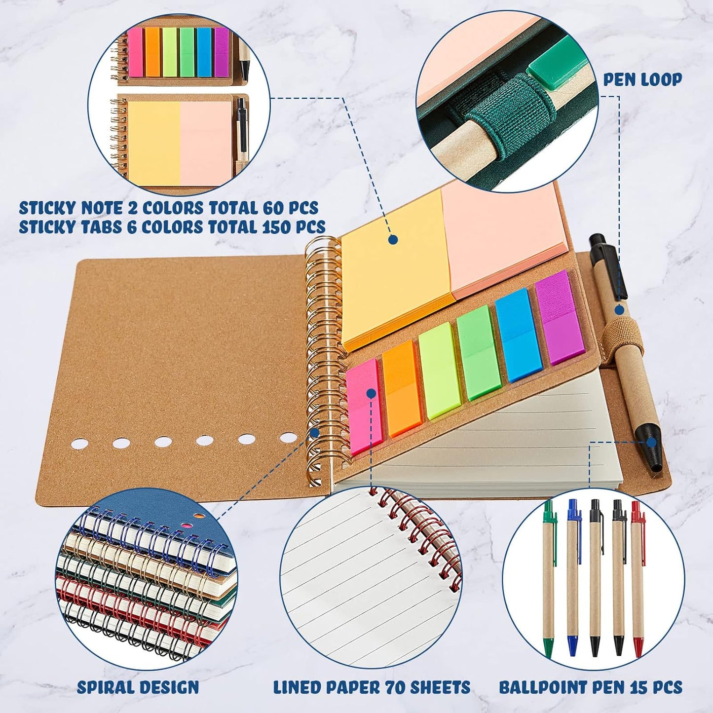 Jutom 30 Pack Spiral Notebook Steno Pads Lined Notepad with Pen in Holder Sticky Notes and Page Marker Colored Index Tabs Pocket Notebooks for Office School Supplies, 4.7 x 5.9 Inches