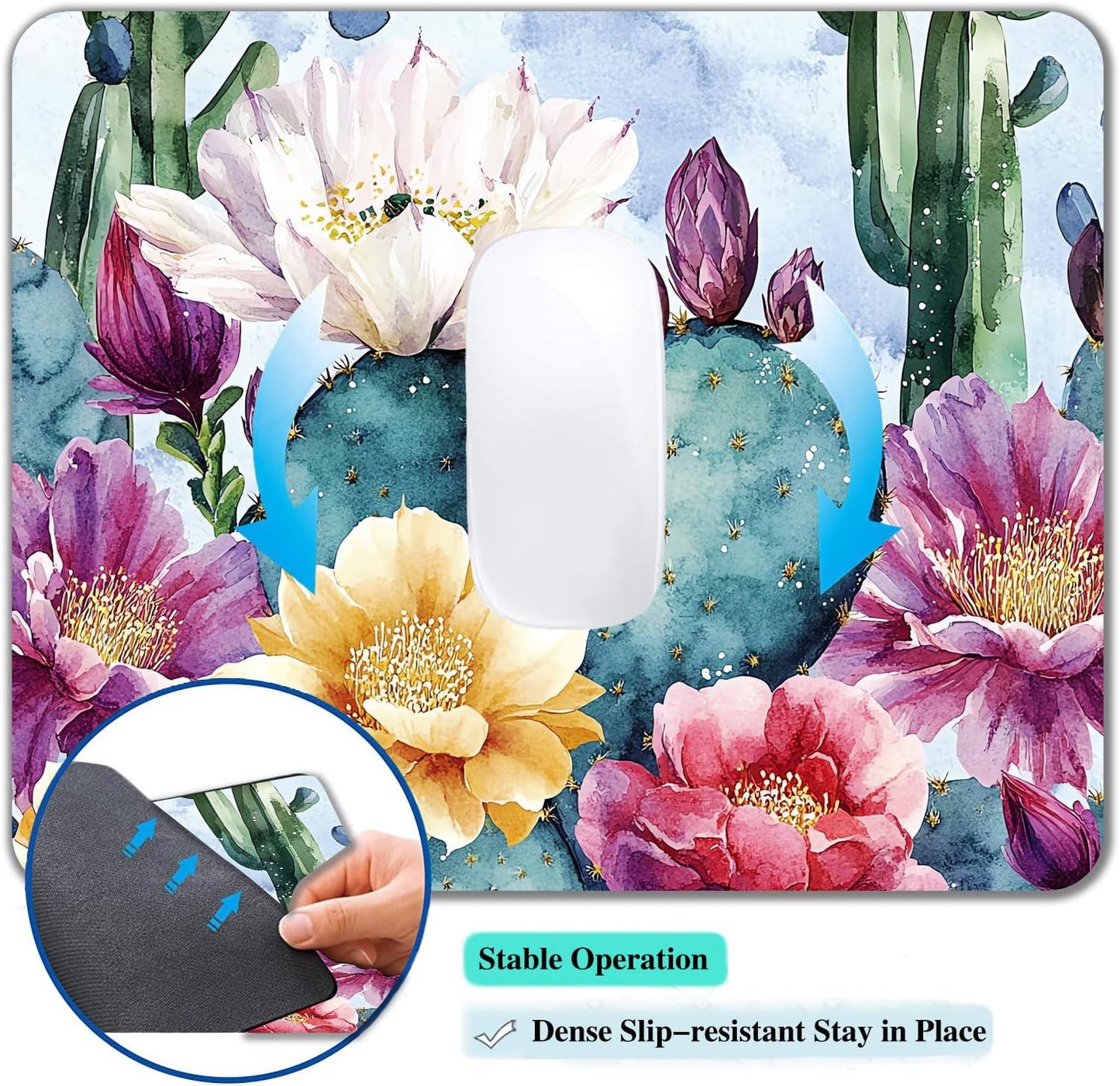 Cute Flower Floral Custom Mouse Pad, Ultra-Smooth Textured Small Mousepad Design with Non-Slip Rubber Base, Cactus Plant Computer Mouse Pads for PC & Wireless Laptop Portable Size 9.5x7.9 Inch