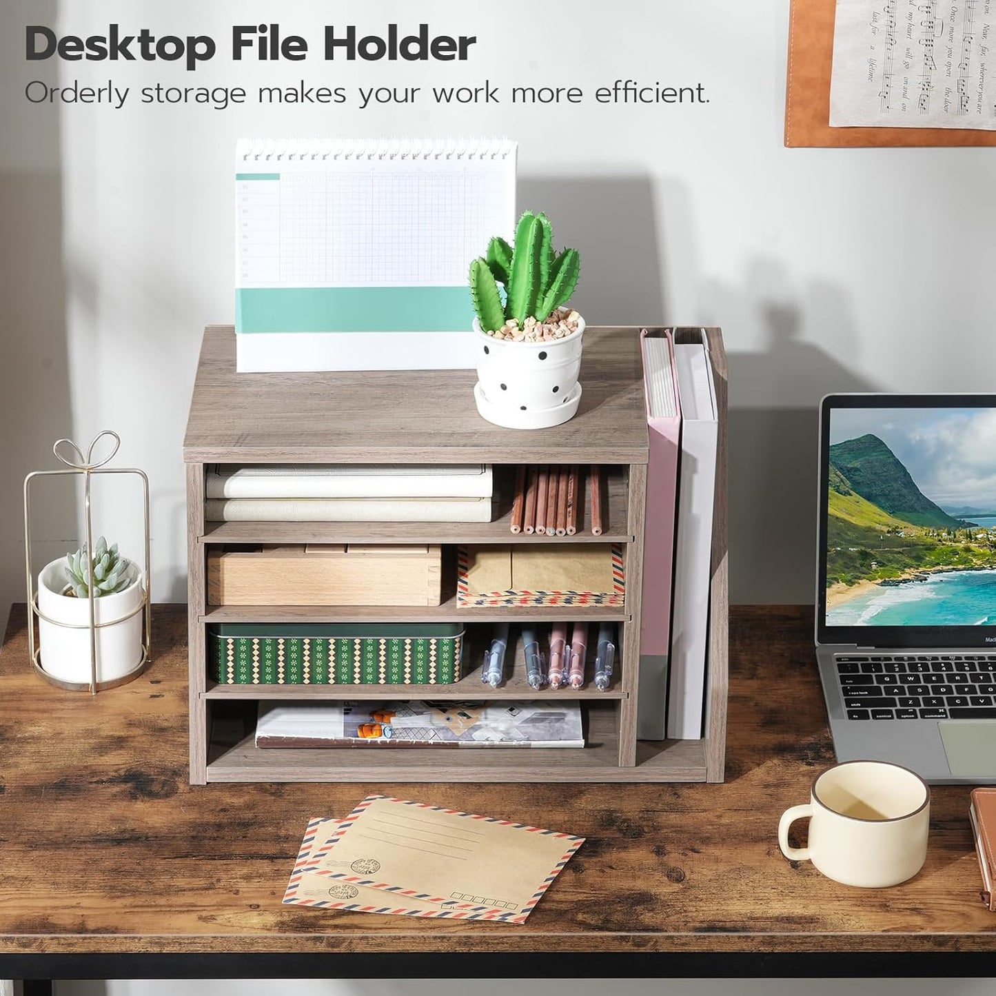 HOOBRO Mail Sorter, Literature Organizer with Adjustable Shelves, Paper Organizer for Office, Home, Wood Countertop Mail Sorter, File Holders, Magazines, Greige BG41WF01N1