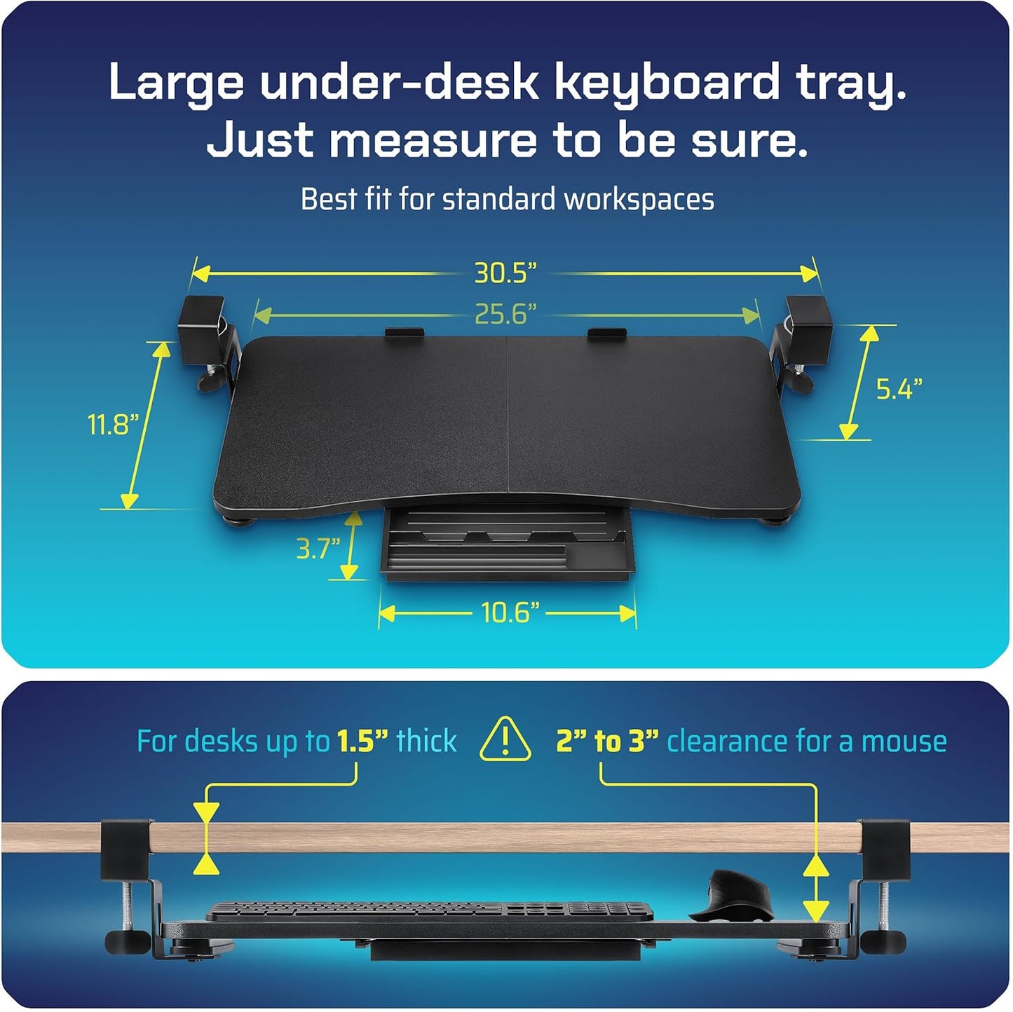 Keyboard Tray | Under Desk Keyboard Tray Slide Out w/Adjustable C-Clamps for Desks Up to 1.5-Inch-Thick | Clamp On Drawer with 1x USB-C to 4 USB-A Hub and 1x Five-Cable Management Organizer