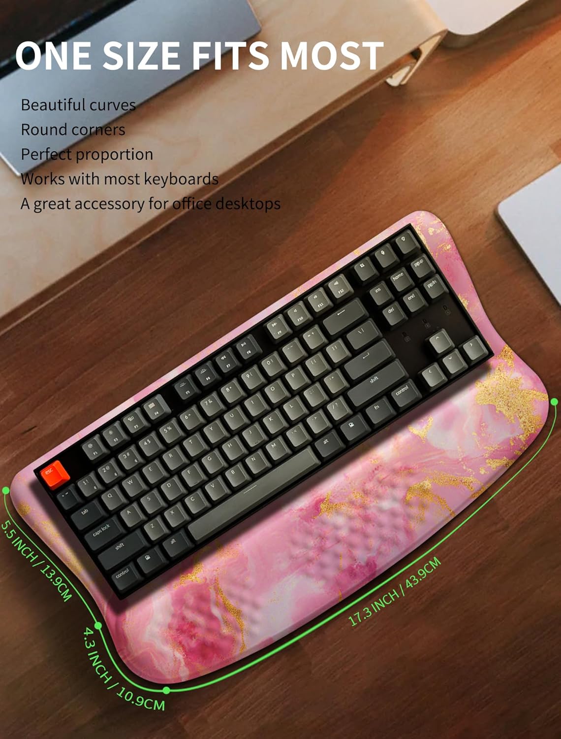 Ergonomic Wave Wrist Rest with Keyboard Stand, Cushioned Palm Rest, Comfortable Integrated Memory Foam for Natural Typing and Relieve Wrist Pain, Pink Gold Marble