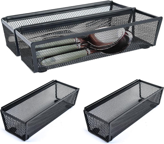 4PCS Drawer Organizer for Kitchen,Utensil Mesh Drawer Organizer with Interlocking Arm for Cosmetic,Flatware,Pen (9 * 3 * 2 Inches,Black)