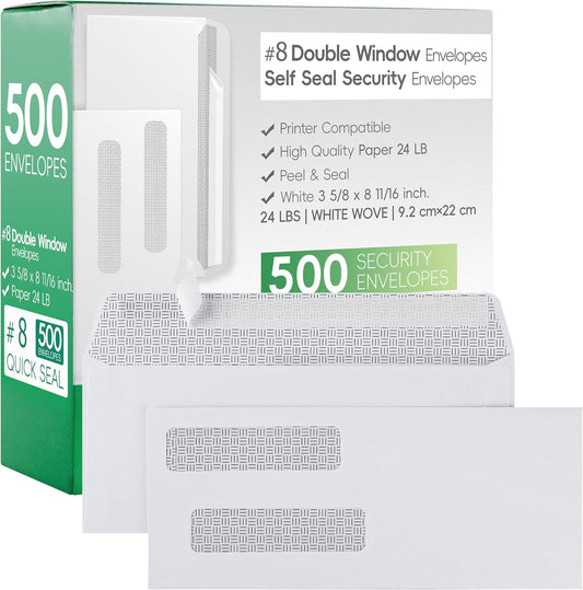 #8 Double Window Security Check Envelopes,500 Counts Double Window Self Seal Security Envelopes,No.8 Double Window Bussiness Envelopes Designed for Checks/Tax Form/Invoices/Business Correspondence