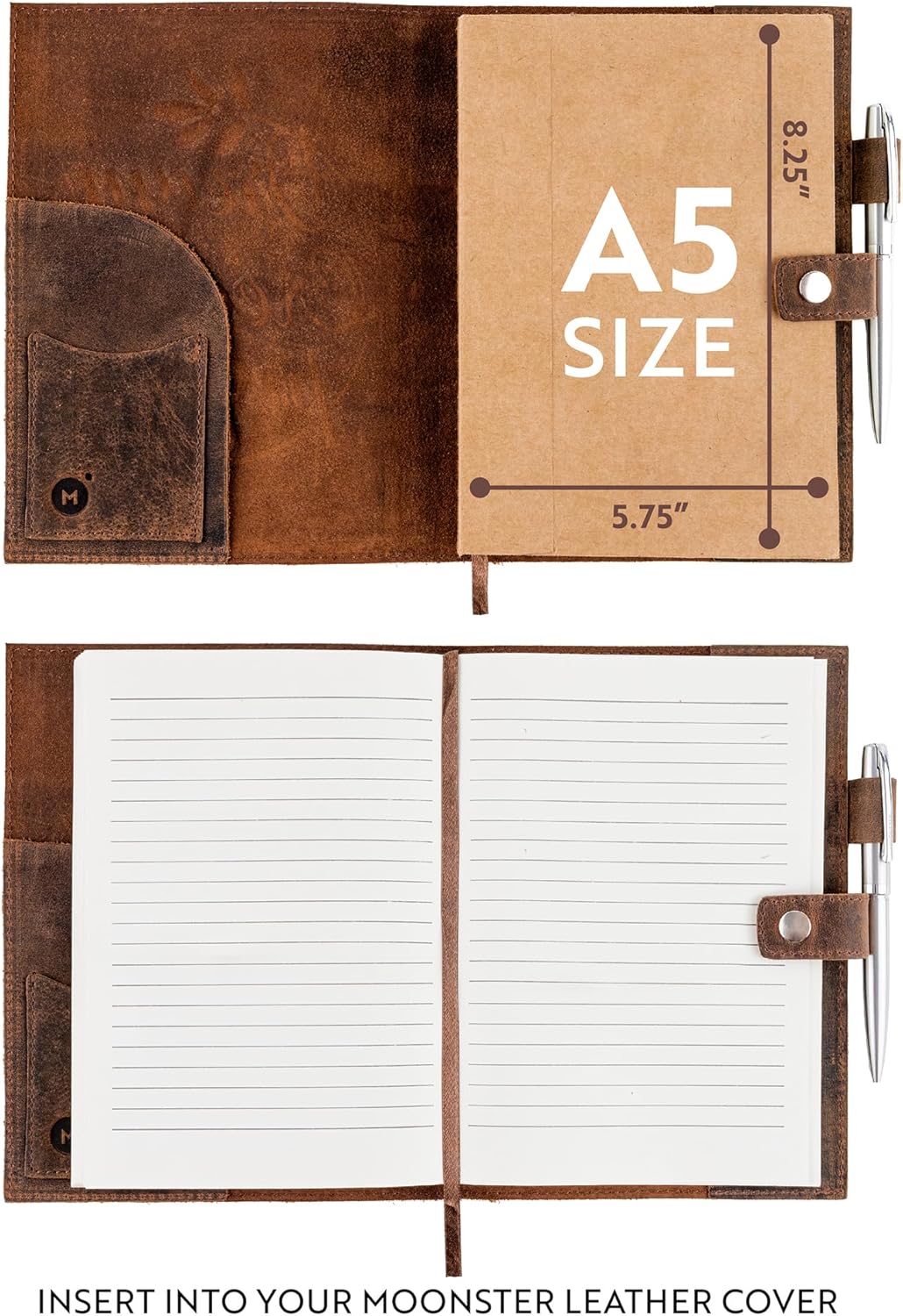 moonster Lined Paper Refill Notebooks for Refillable Leather Journal – Eco Friendly Acid-Free & Tree-Free Recycled Cotton Sheets A5 Ruled Notepad 8.25 x 5.75 Inches w/ 160 Soft Pages & Bookmark