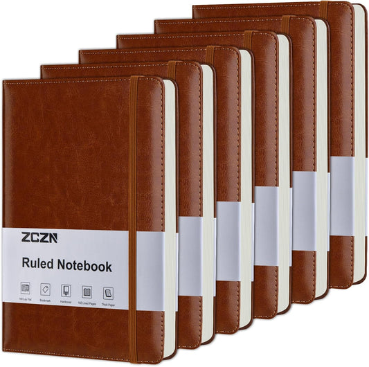 ZCZN Lined Journal Notebooks for Work, 5.5x8.3 in, 192 Pages, Hardcover Leather A5 Journals for Writing, Diary & Travel, College Ruled Journaling Notebooks for School, Office, Home (Brown*6)