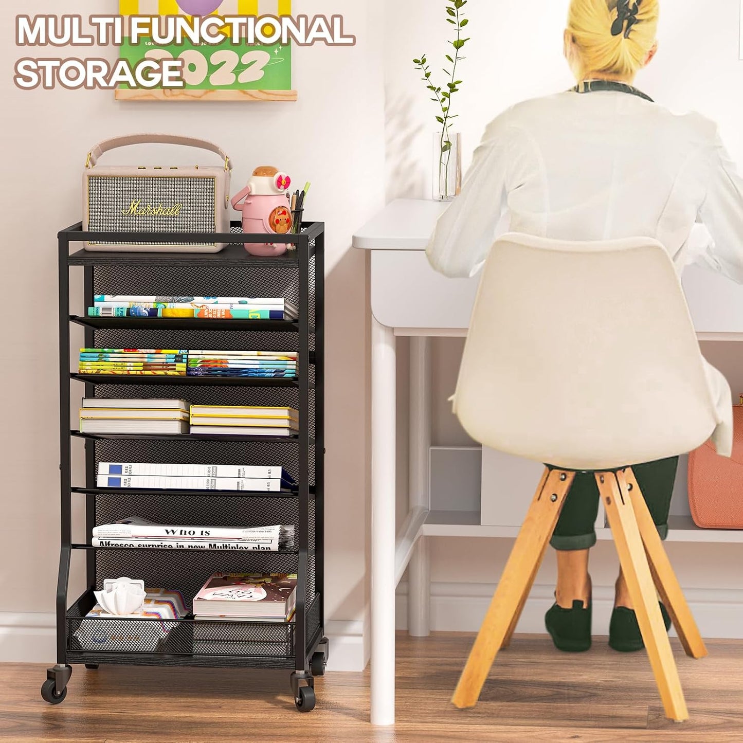 7 Tier Rolling File Cart with Sliding Trays, Wood Metal File Organizer Beside Desk, Free-Standing File Holder, Paper Letter Tray Organizer Mesh Desk Organizer for Home Office School (Patent)