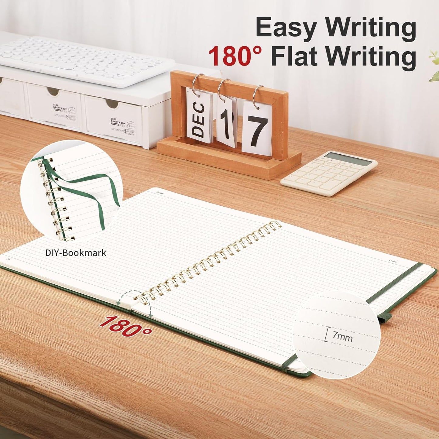 AHGXG Lined Spiral Journal Notebook, B5 Large Notebooks for Women Men, 140 Pages Hardcover Leather Notebook College Ruled, 100 GSM Paper, Notebooks for Work School Note Taking, 7.6" x 10", Green