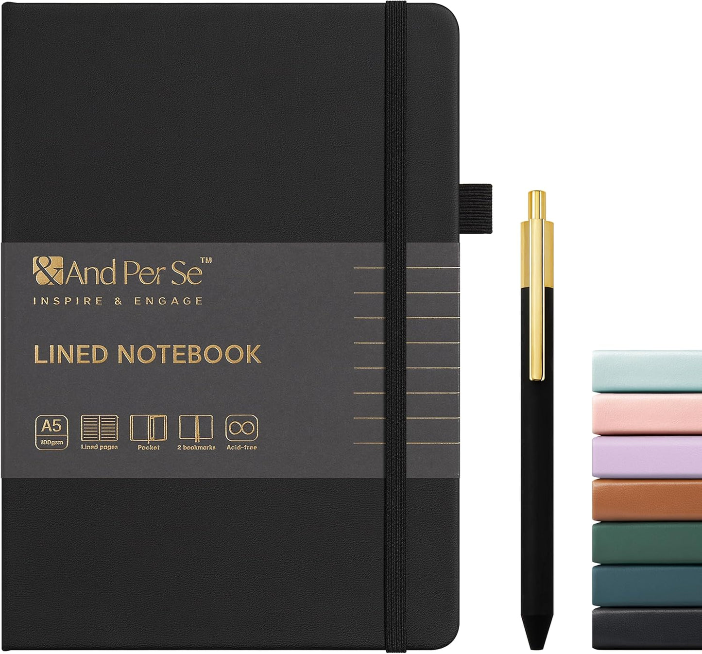 &And Per Se Lined Journal and Pen Set, A5 Leather Journal Stationery Set, 160 Pages 100GSM Thick Paper, Notebook Gift Set (Black-Set1)