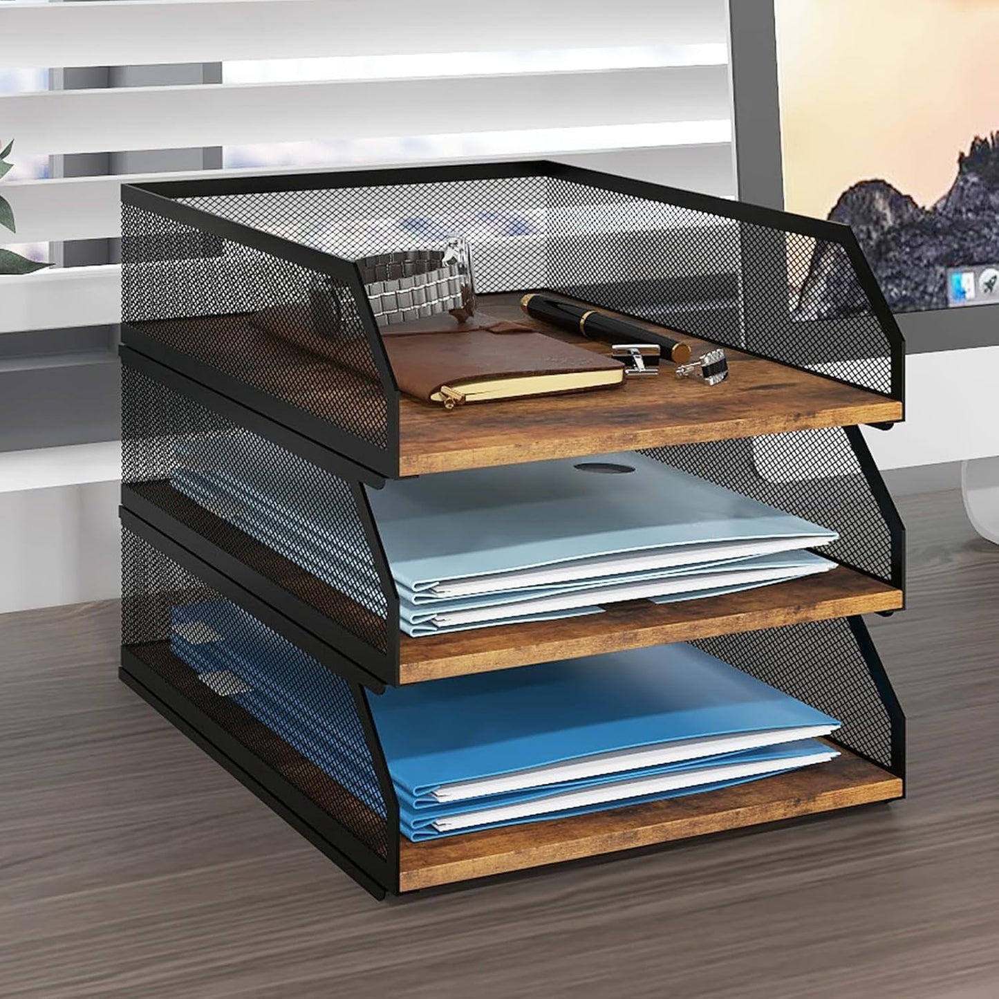 Natwind 3-Tier Stackable Paper Tray, Metal Mesh Desktop Organizer, Wood Board Paper Sorter, Letter Trays,File Document Storage Rack for for Home, Office, School (Retro)