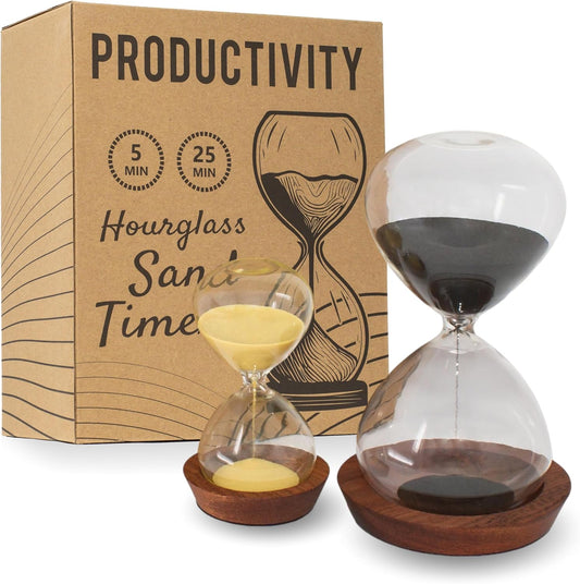 Decorative Hourglass Sand Timer Set - Includes 25 and 5 Minute Sandglass Pomodoro Timers with Wooden Bases - Time Management Productivity Tool - Gift for Home Office Desk