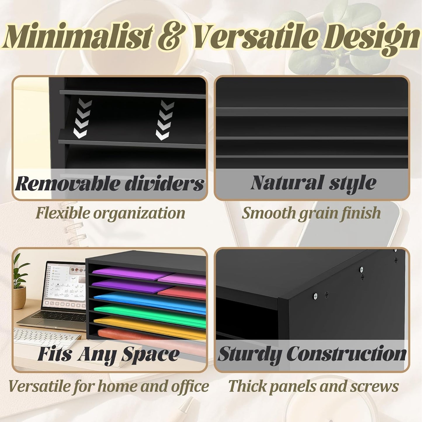 PROLEE Construction Paper Organizer 20" x 13.5" x12.2",Soild Wooden Paper Organizer with 6-Tier Letter Trays, Desktop File Papers Sorter for Home, Classroom and Office (Black)