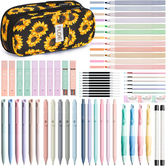 65PCS Aesthetic School Supplies with Cute Pencil Case, Pastel Highlighters Gel Pens Mechanical Pencils Set 0.5 0.7 & 2.0mm, Office Back to School Supplies College Essentials Kit Student Stationary Set
