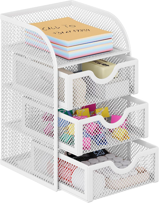 EasyPAG Mesh Desk Organizer with 3 Drawer Office Desktop Organizers and Accessories Stationery Caddy for Office, Home, Students, White