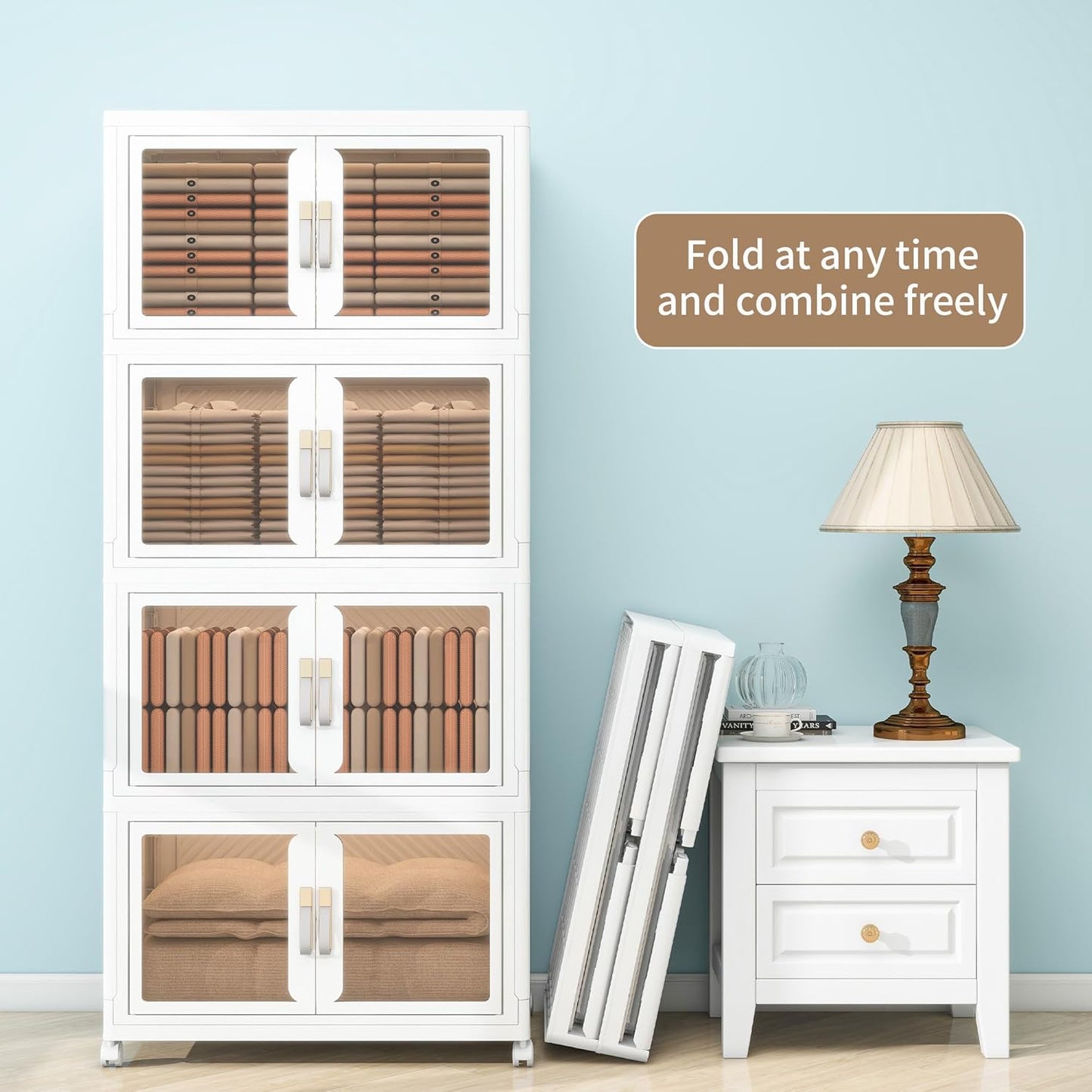 Large Stackable Storage Bins with 2 Lids, 990QT-165QT*6Tier Foldable Cabinet for Closet Organizers, Plastic Storage Containers Box with Wheels