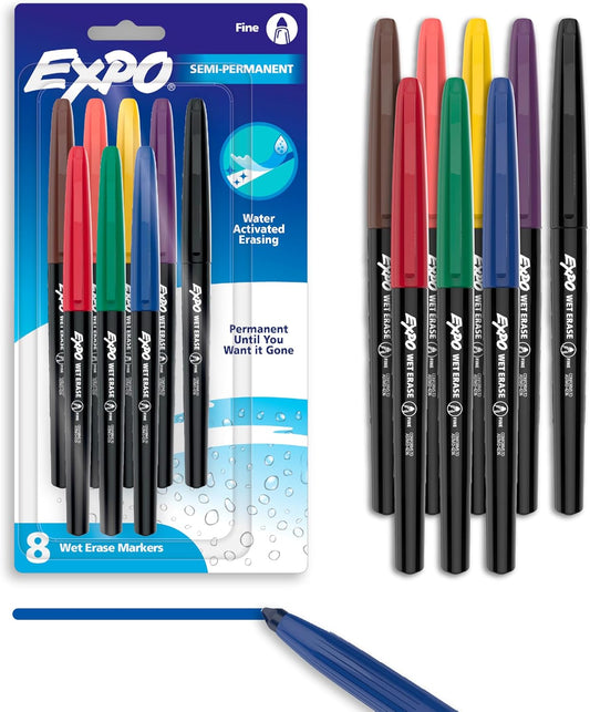 EXPO Wet Erase Markers, Semi-Permanent, Assorted Colors, Fine Tip, 8 Count - For Writing on Glass, Whiteboards, Mirrors, Calendar, Labeling, Organizing