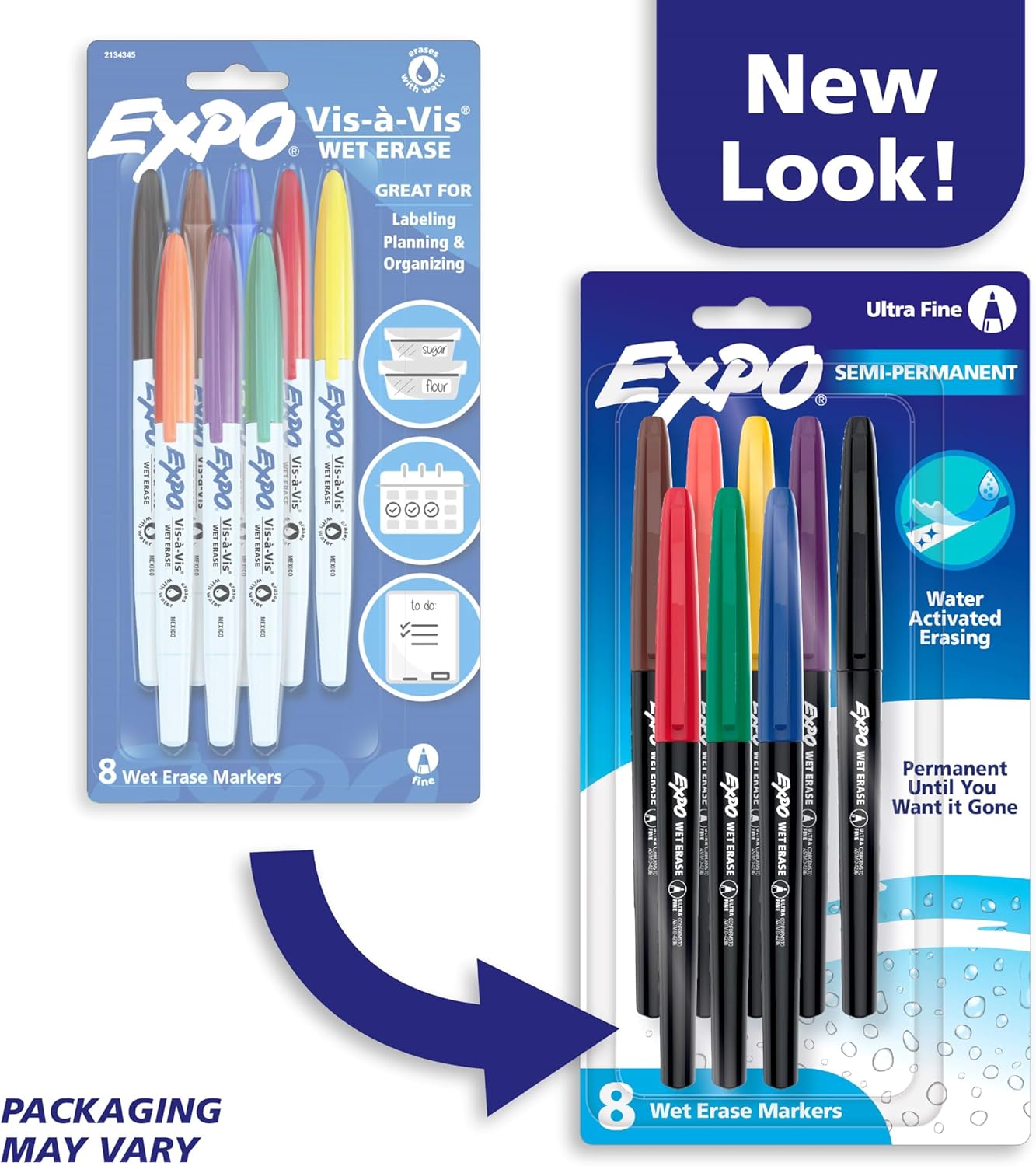 EXPO Wet Erase Markers, Semi-Permanent, Assorted Colors, Ultra Fine Tip, 8 Count - For Writing on Glass, Whiteboards, Mirrors, Calendar, Labeling, Organizing