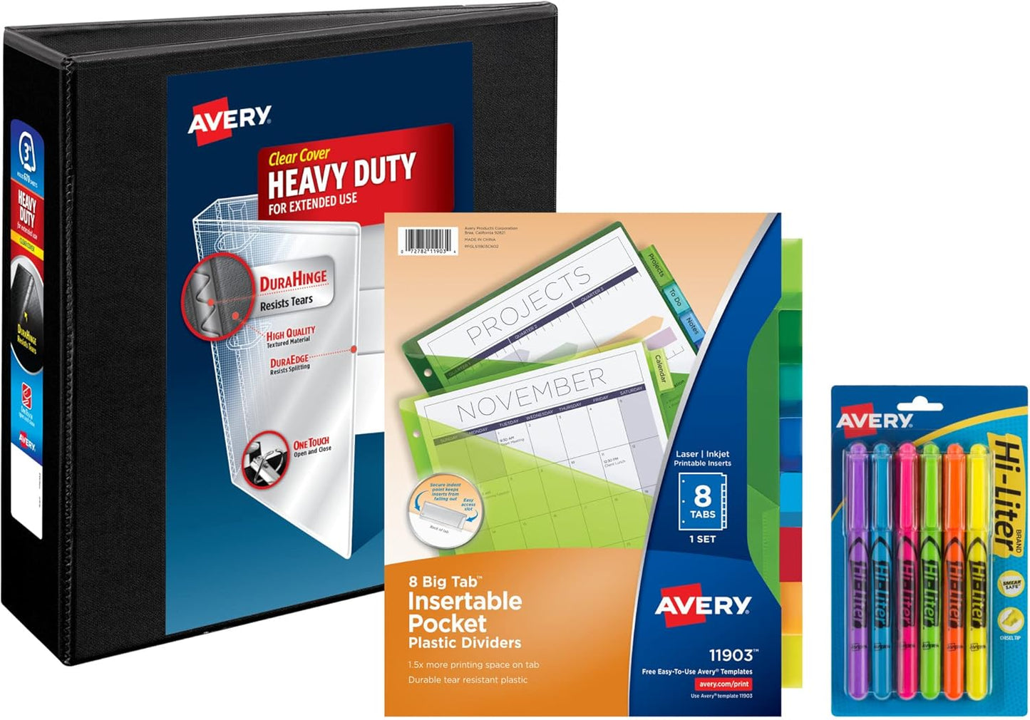 Avery Heavy-Duty View 3 Ring Binder with 3 Inch Rings, 8 Tab Plastic Binder Dividers with Pockets, Assorted Chisel Tip Highlighters, School Supplies Set (01682)