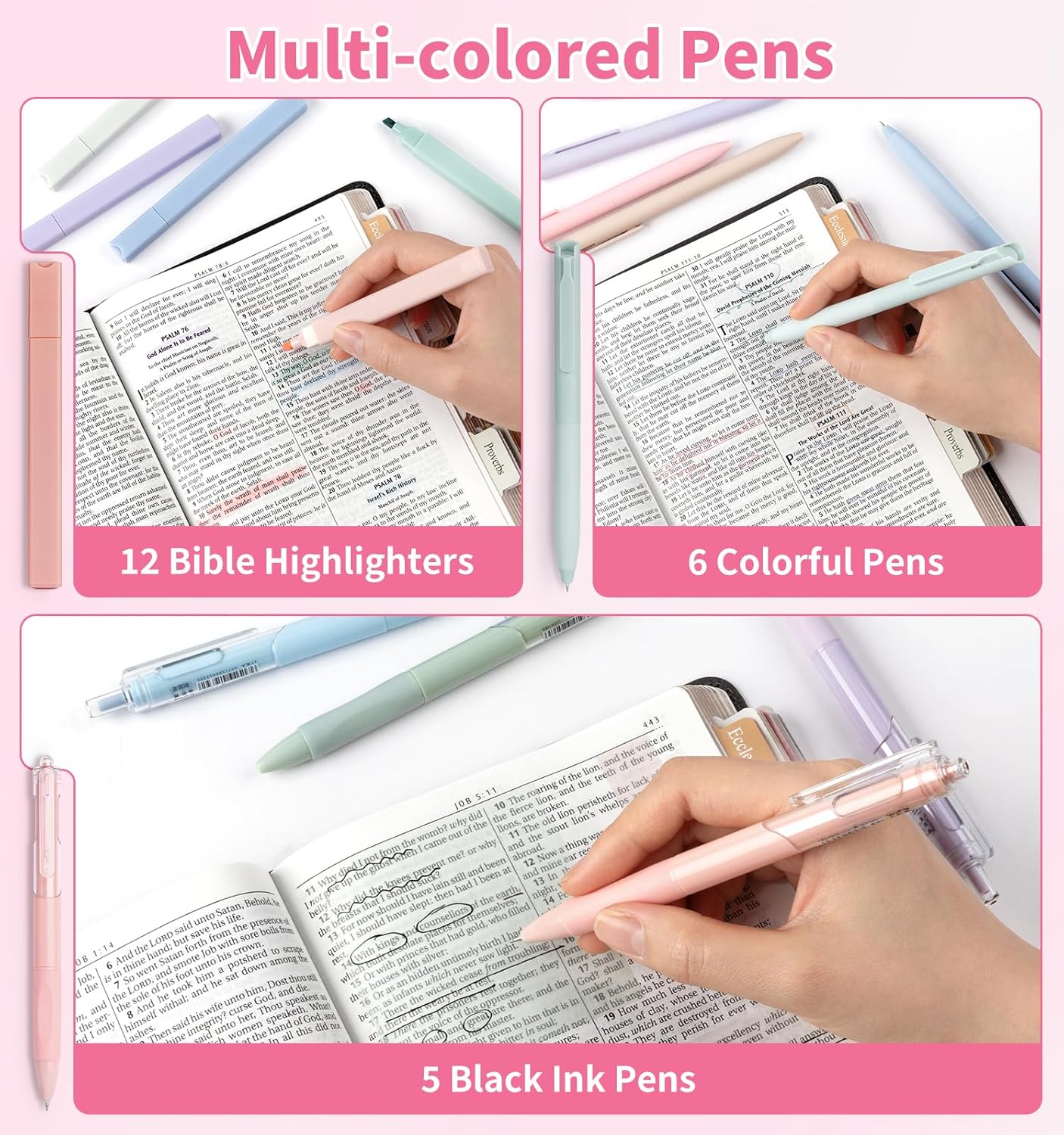 47Pcs Bible Study Supplies, Bible Journaling Kit for Women, Pink Pencil Case, 12 Pastel No Bleed Highlighters and 6 Colored Pens, Bible Tabs and More, Book Annotation Kit for Women & Men (Pink)