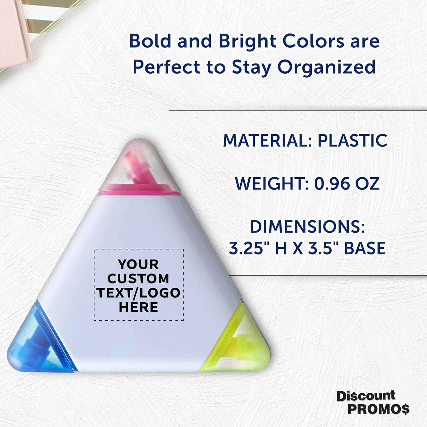 DISCOUNT PROMOS Custom Highlighters Set of 10/50/100, Personalized Bulk Pack Durable Chisel Tip Textbook Highlighters Handy and Easy to Store - Triangle