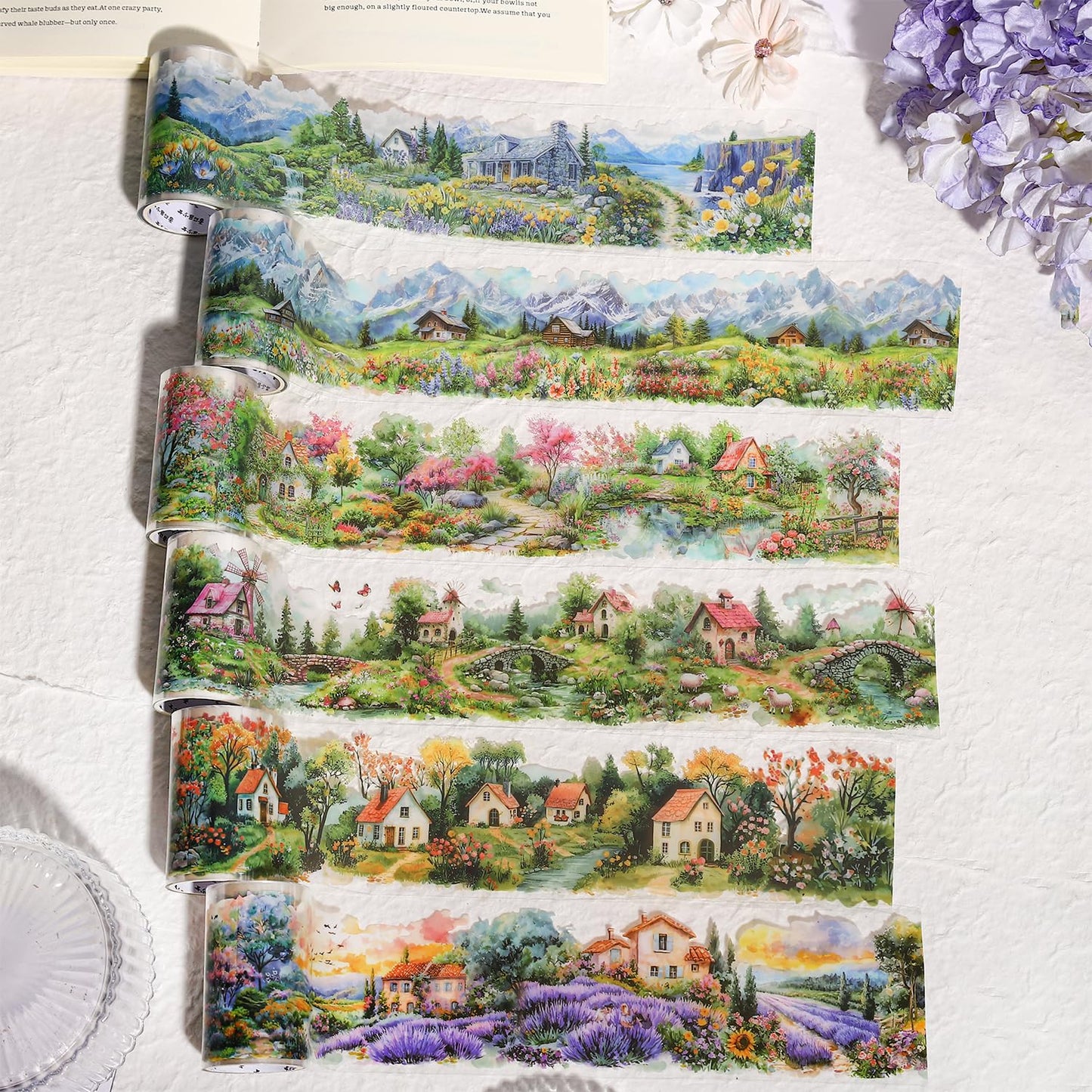 Alideco 6pcs Decorative Adhesive Tapes Vintage Small Town Idyllic Mountain Scenery PET Tape Great for Bullet Journal Supplies, Arts, Scrapbook, DIY Crafts, Planners (xiaozhenmanye)