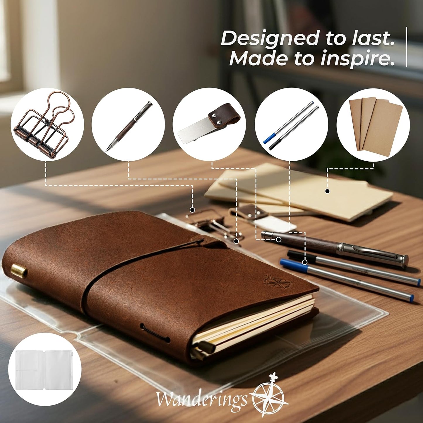 WANDERINGS A5 Travelers Notebook/Handcrafted Genuine Leather Journal - 6"x8.5"/15cmx22cm Refillable Travel Journal with Pen Holder, Pen, 2 extra Ink Refills, PVC Folder, Binder Clip