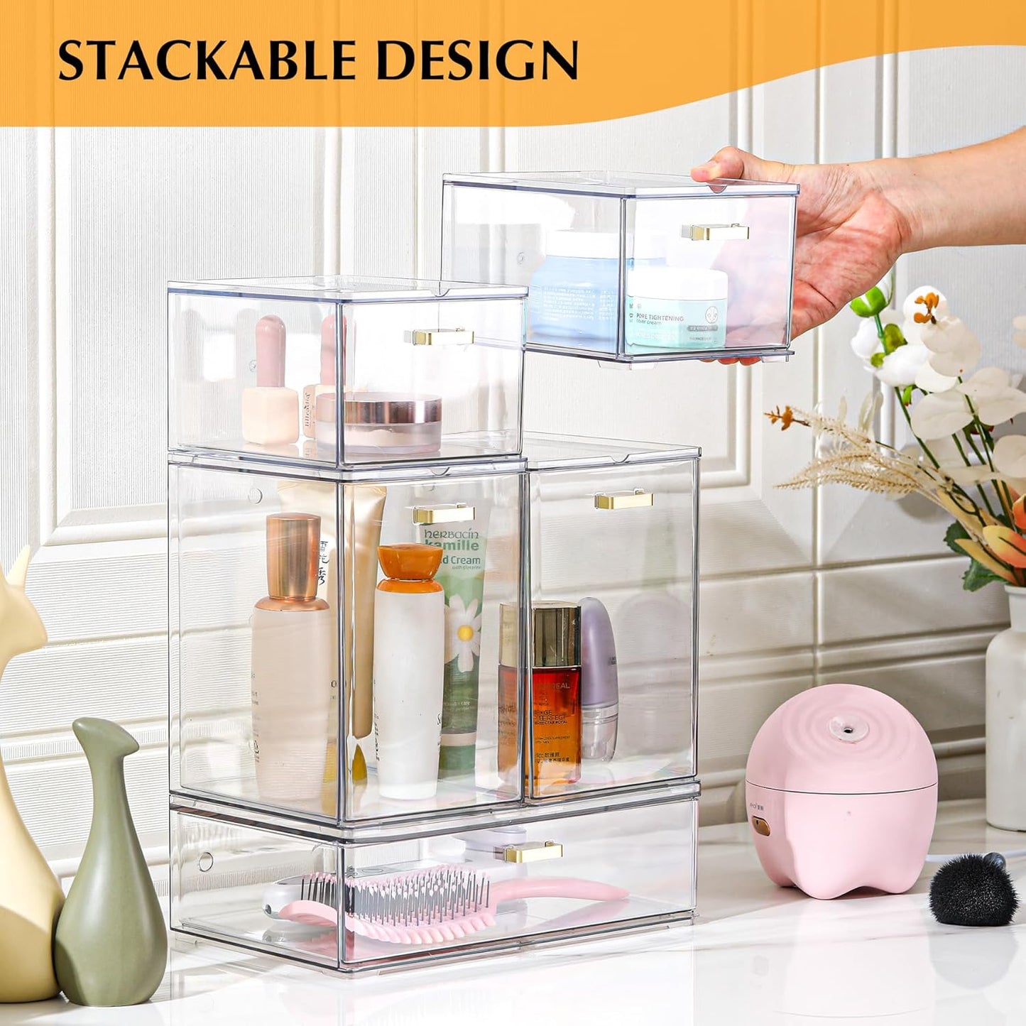 Set of 5 Stackable Storage Drawers, Clear Acrylic Organizer Bins for Beauty Supplies, Perfect for Makeup Vanity, Undersink, Kitchen, Cabinet,Pantry Organization and Storage