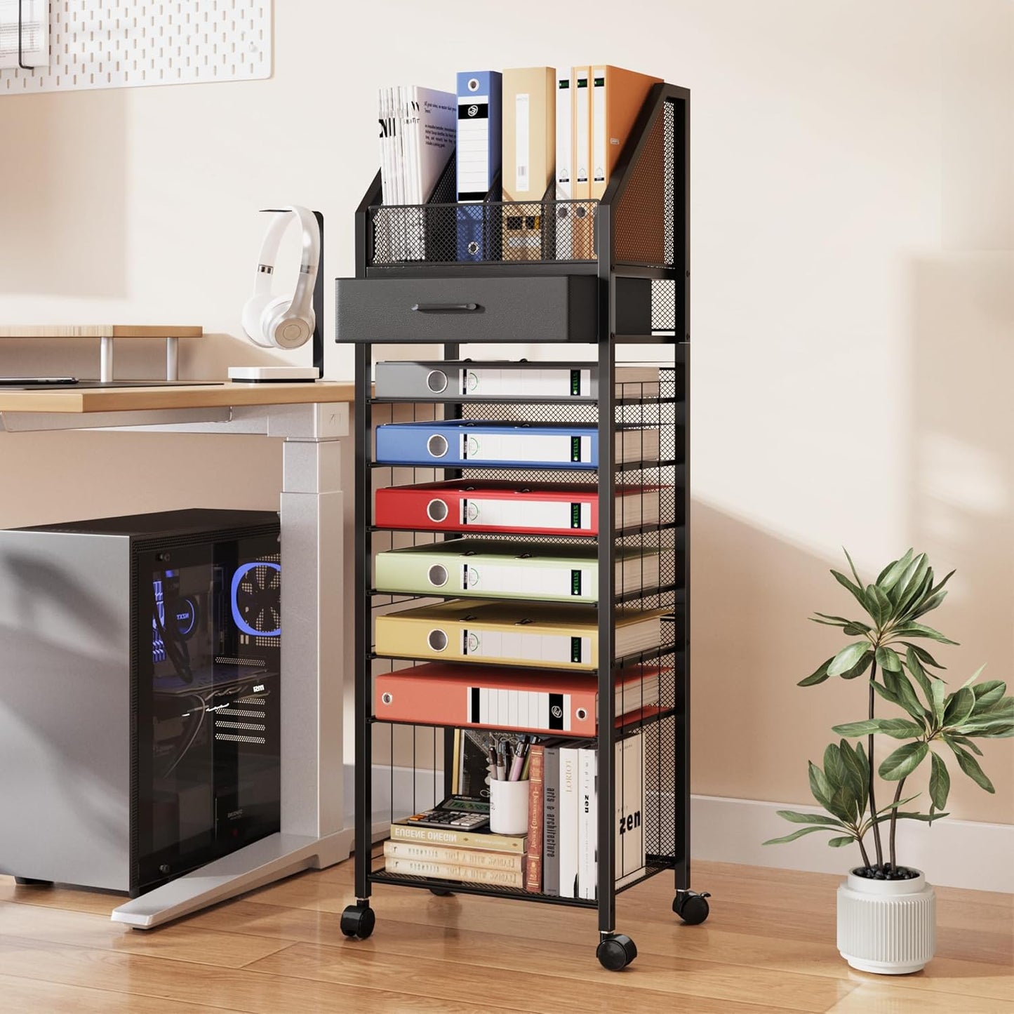 SWTYMIKI 9-Tier Rolling File Cart - Paper Organizer with Drawer and Trays, Wood Desk Office Organizer, Office Organization and Binder Storage for Workspace, Home, School, Black