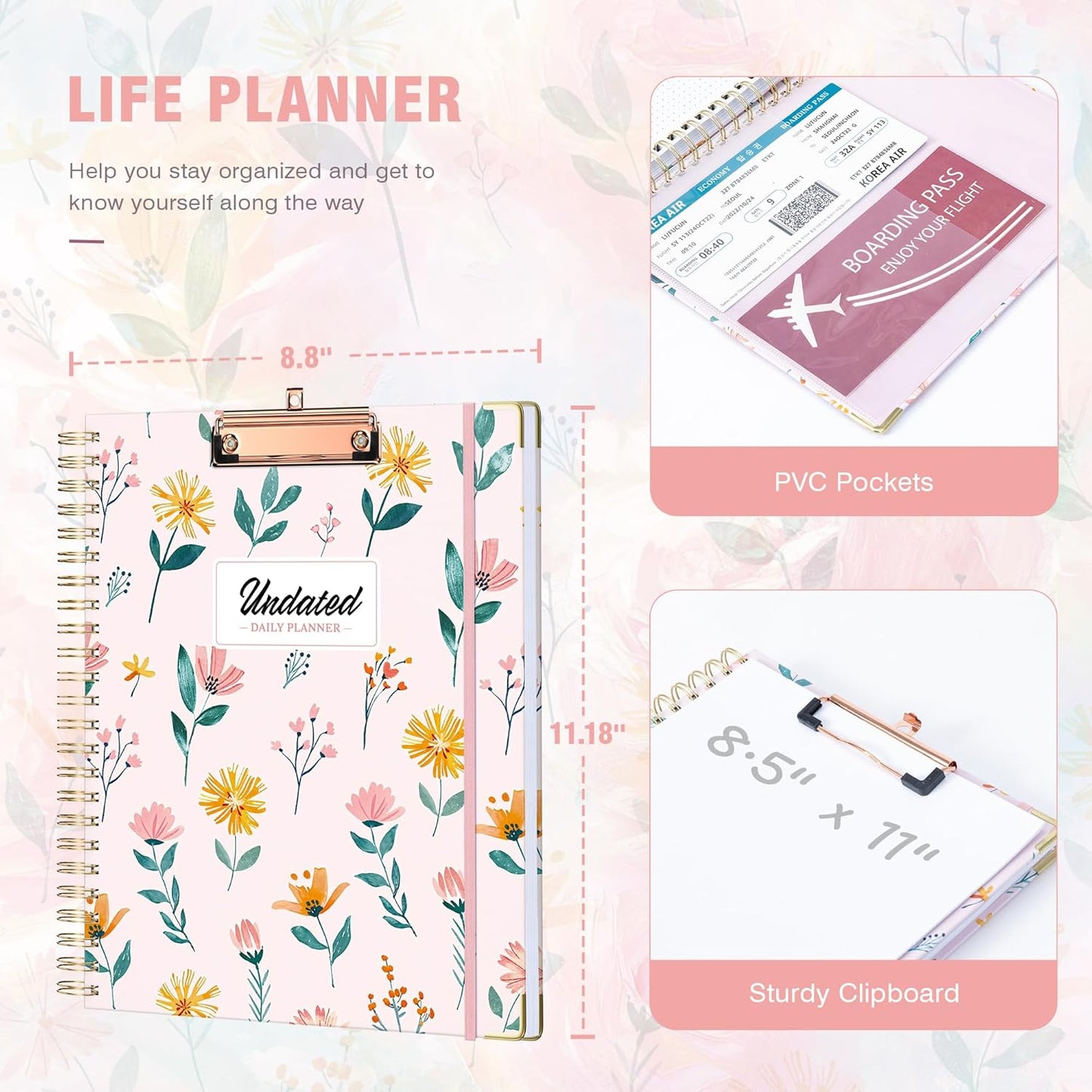 Ospelelf Undated Spiral Bound Planner 2025 2026 Daily, Weekly and Monthly Planners, Pink Teacher Planner 12 Month 8.5 x 11