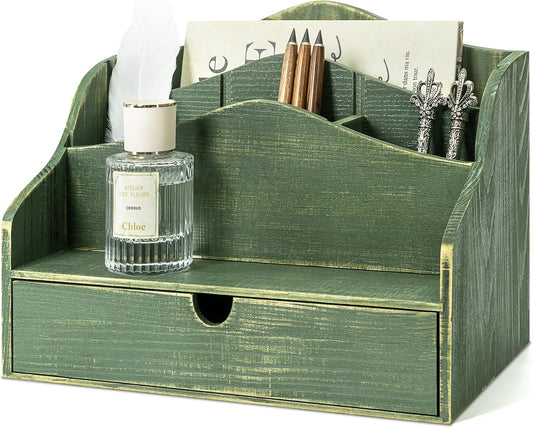 Pine Wood Mail Organizer for Desk - Rustic Style Mail Sorter Countertop Organizer for Files, Letters & Small Items - Farmhouse Letter Holder with Drawer for Office Desk & Home Decor (Green)