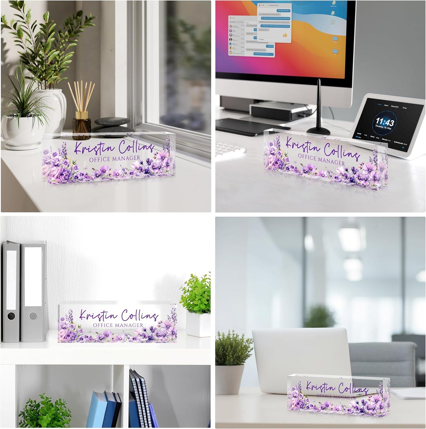 Custom Name Plate for Desk, Personalized Desk Name Plate on Clear Acrylic Glass, Appreciation Gifts for Teacher Employee Boss Coworkers Nurse, Office Desk Accessories for Women Men (Eggplant)