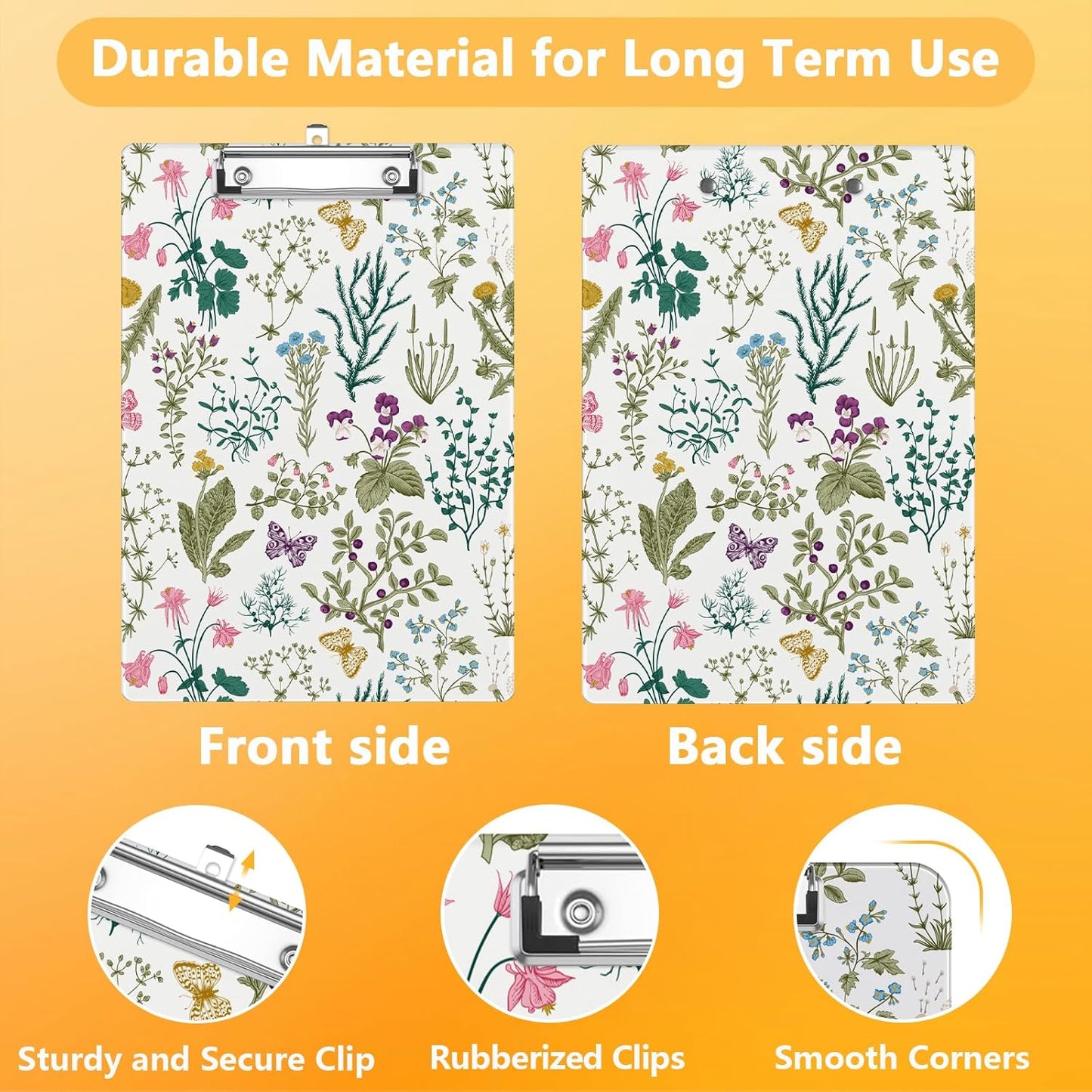 Vintage Floral Clipboard, Plants Herbs Flower Decorative Clip Board with Metal Clip Cute Plastic Clipboards A4 Standard Size 8.5" x 12.5" for Nurses, Students, Office