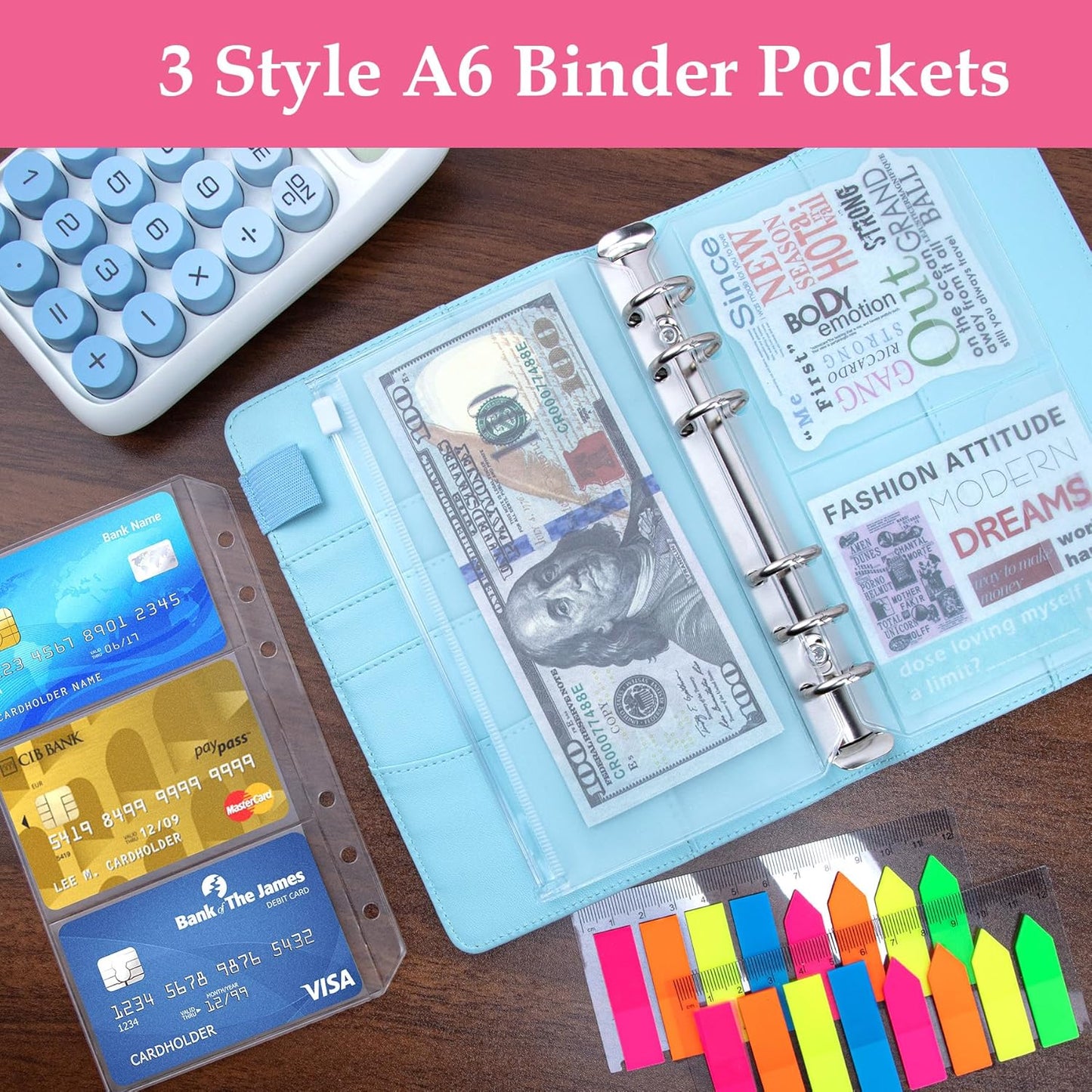 Antner A6 Refill Paper Planner Inserts for A6 6 Ring Notebook Binder, 135 Sheets Lined Filler Paper, 3 Binder Pockets & 10 Dividers & 160PCS Neon Sticky Tabs for Refillable Personal Planners Journals