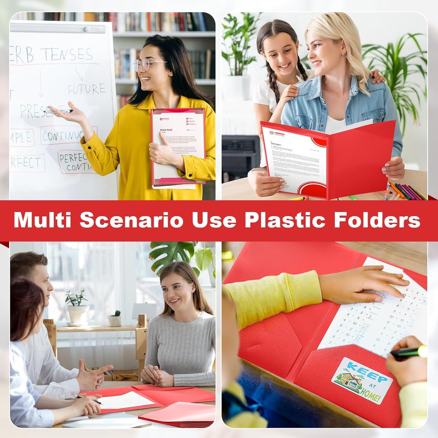 Henoyso 24 Set Parent Teacher Communication Folder with Clear Front Pocket Take Home Heavy Duty 2 Pocket Homework Folder for Student with School and Home Stickers, 12 x 9.45 Inch(Red)