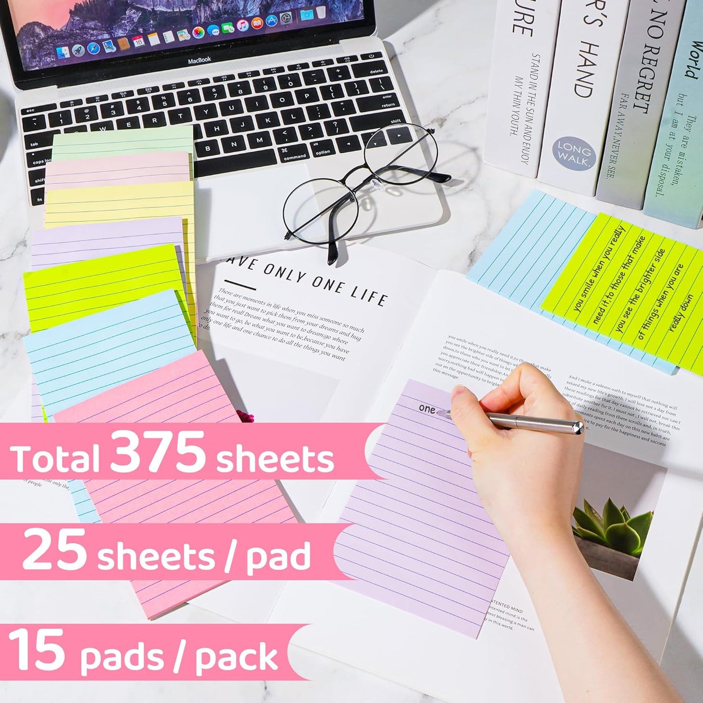 (15 Pads) Lined Sticky Notes 4x6 in Post, 7 Pastel Colors with Lines Self-Stick Note Pad it, Strong Adhesive, Big Rectangular Sticky Pads for Office, Home, School, Meeting