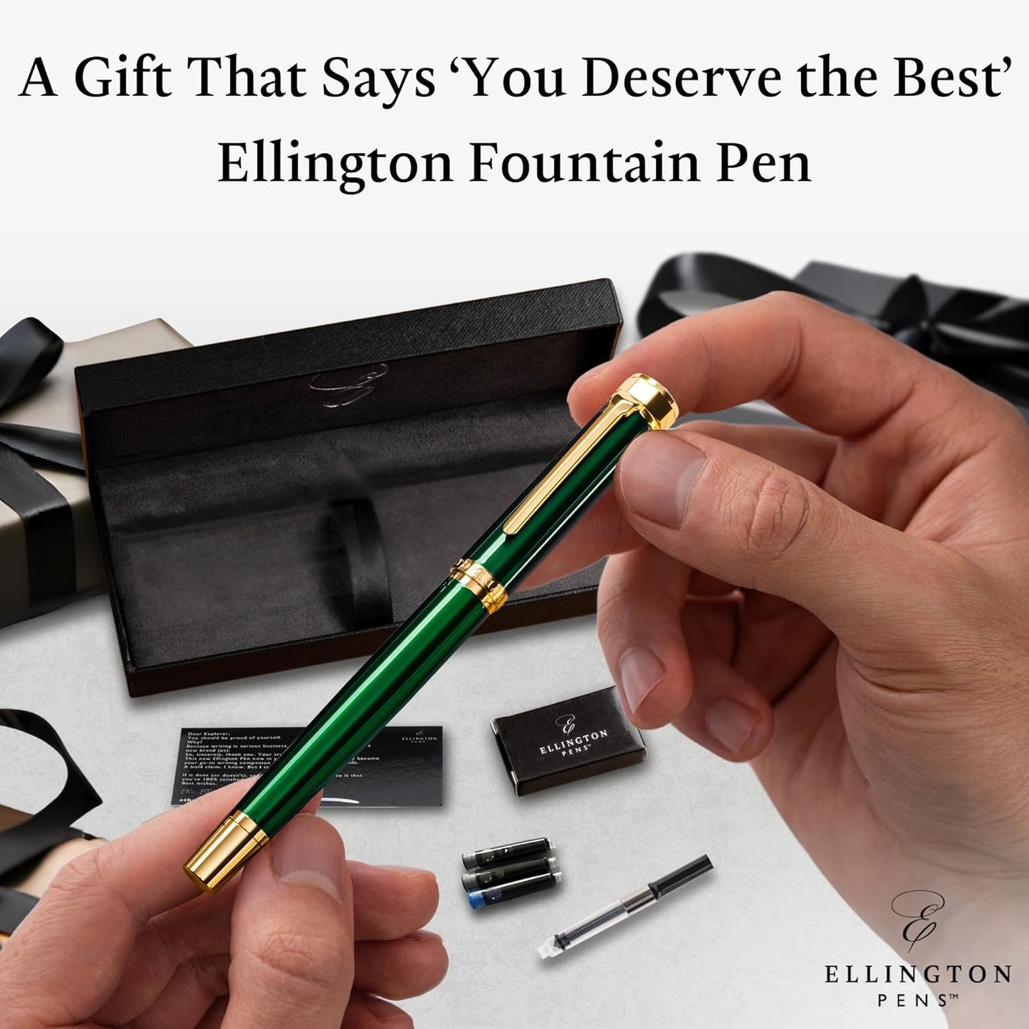 Ellington Pens Luxury Fountain Pen Set - Smooth Medium Nib - Includes 3 Ink Cartridges, Refillable Ink Converter, Box - Fountain Pens For Writing, Calligraphy, Journaling, Sketching (Emerald Enigma)