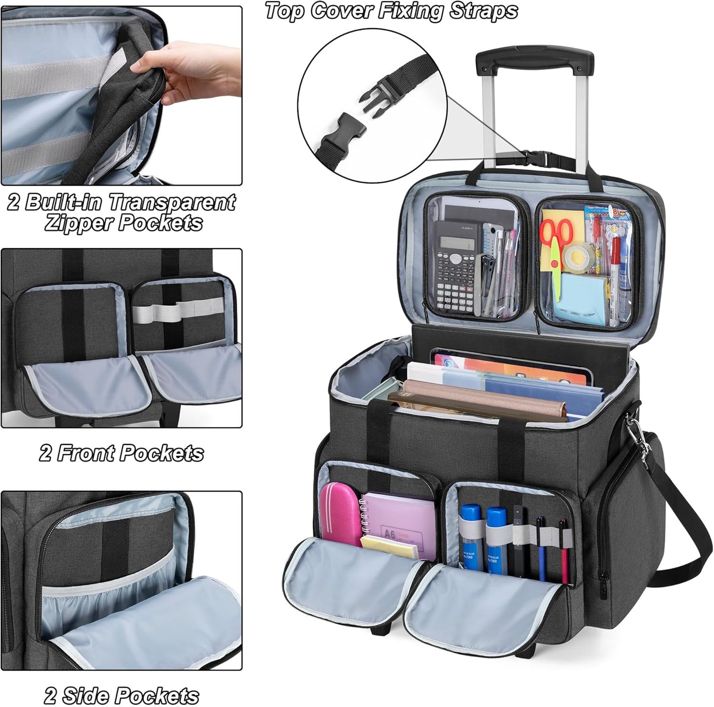 CURMIO Rolling Teacher Tote Bag with Padded Laptop Compartment for up to 15.6 Inches Laptop, Wheeled Teacher Bag for Teaching, Office, Craft, Black