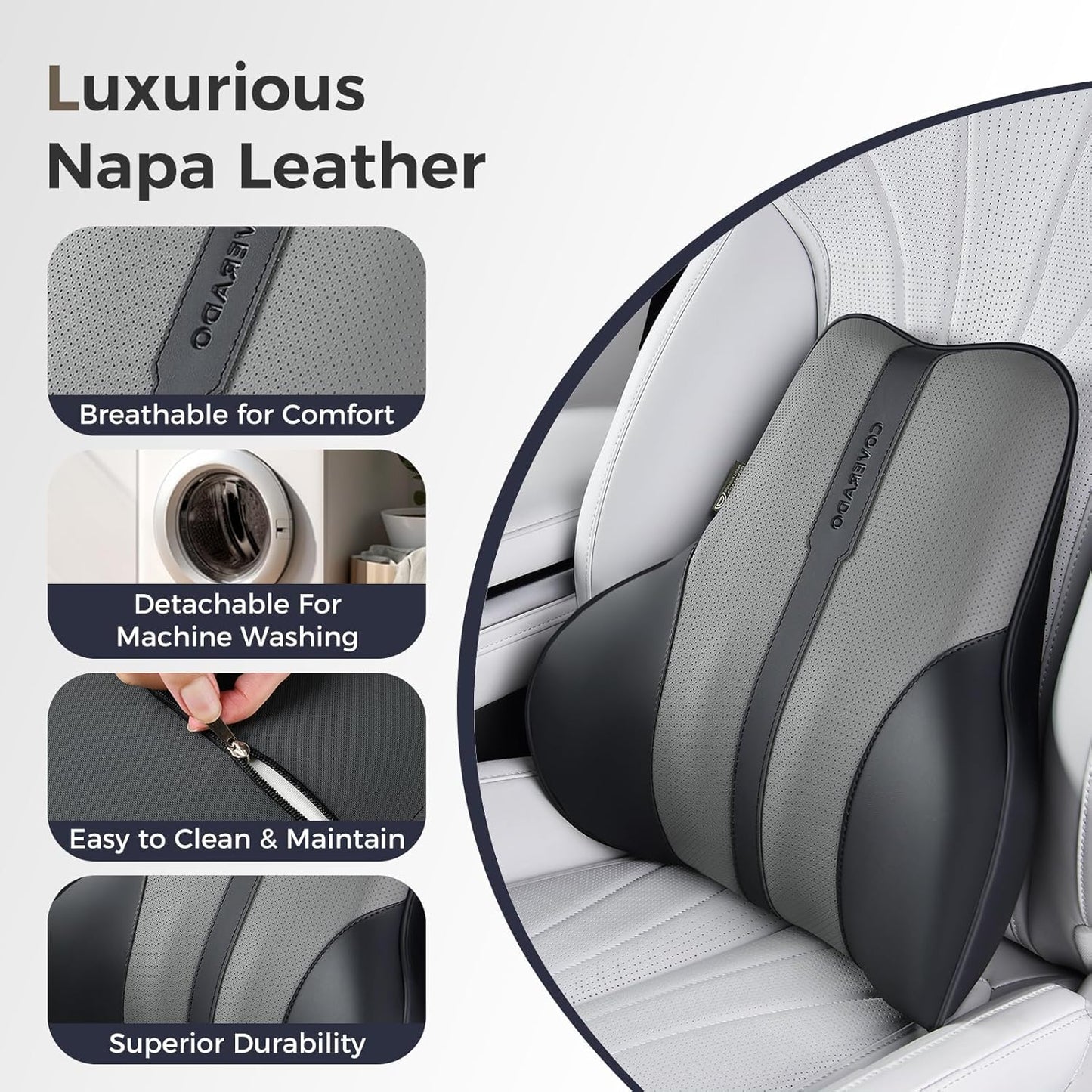 Coverado Lumbar Support Pillow for Car, Ergonomic Memory Foam Back Pillow for Office Chair, Back Cushion for Back Pain Relief, PU Leather Car Lumbar Support for Driving Seat - Black&Gray