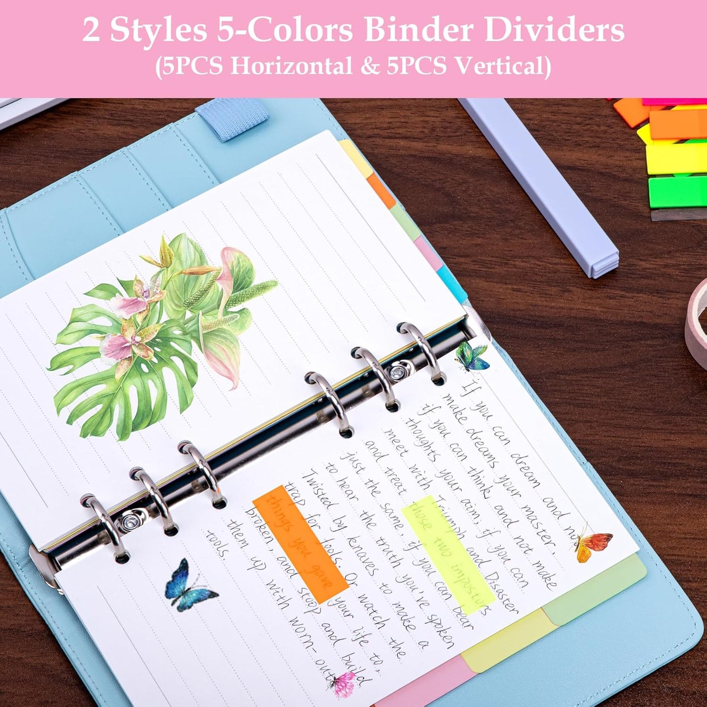 Antner A6 Refill Paper Planner Inserts for A6 6 Ring Notebook Binder, 135 Sheets Lined Filler Paper, 3 Binder Pockets & 10 Dividers & 160PCS Neon Sticky Tabs for Refillable Personal Planners Journals