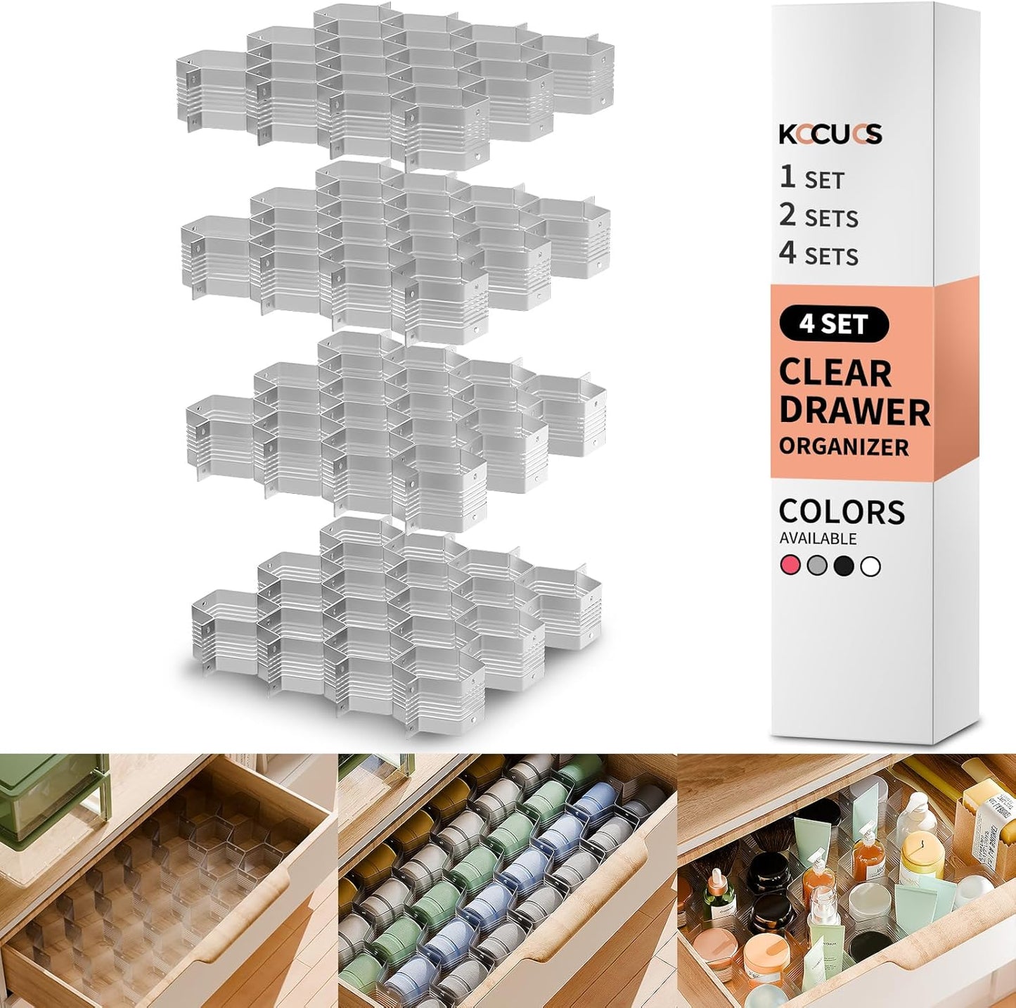 Honeycomb Separator Adjustable Drawer Organizer Divider for Underwear Belt-Scarf Socks Organizer (Gray(4pcs))
