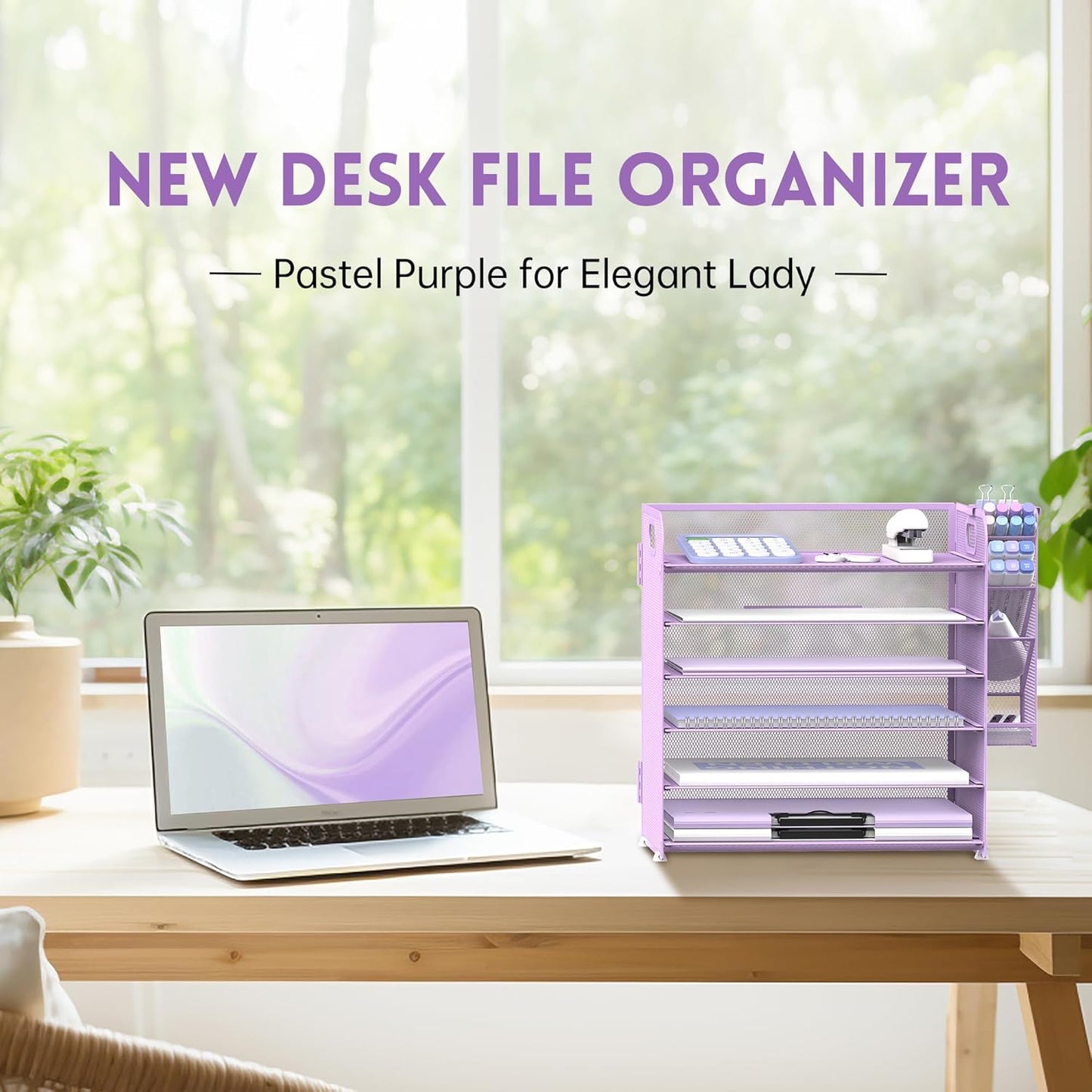 SUPEASY 6 Tier Paper Organizer with 4 Pen Holders, Mesh Letter Tray with Handle, A4 File Organizer, Purple