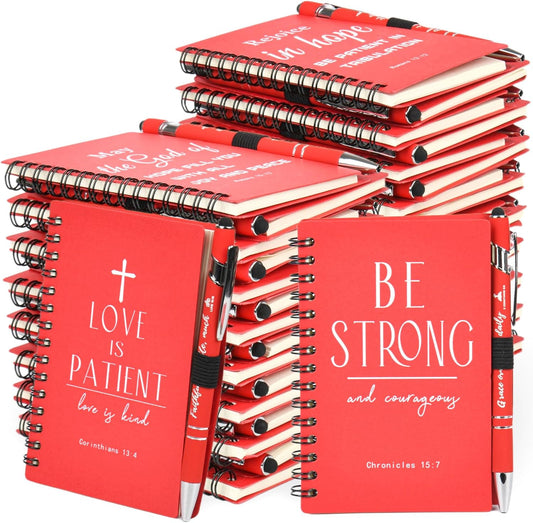 INSADA Christian Prayer Journal Spiral Red Notebooks Bulk with Pens- Small Notepads (4.13”x5.43”) - Christmas Gifts for women, Church Members & Bible Study Groups (30 Sets Red)