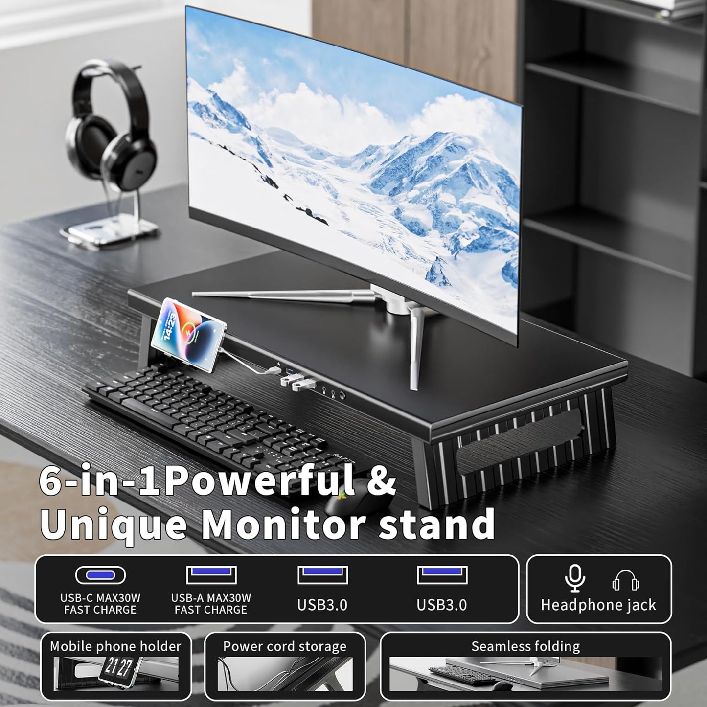 All-Metal Foldable Monitor Stand with 28cm Wide Desktop,, Headphone & Mic Jack, Detachable Phone Holder, (USB Hub Fast Charging Version, 530mm)