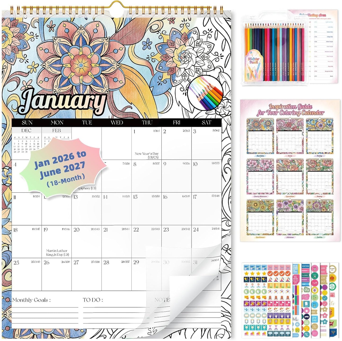 Ospelelf Wall Calendar 2026 - 2027 Hanging Coloring Calendar 12'' x 17'', Monthly Kids Calendars Planner with Plastic Cover, 18 Month Doodle Calendar for Family, Office, Use Jan 2026 - June 2027, Floral